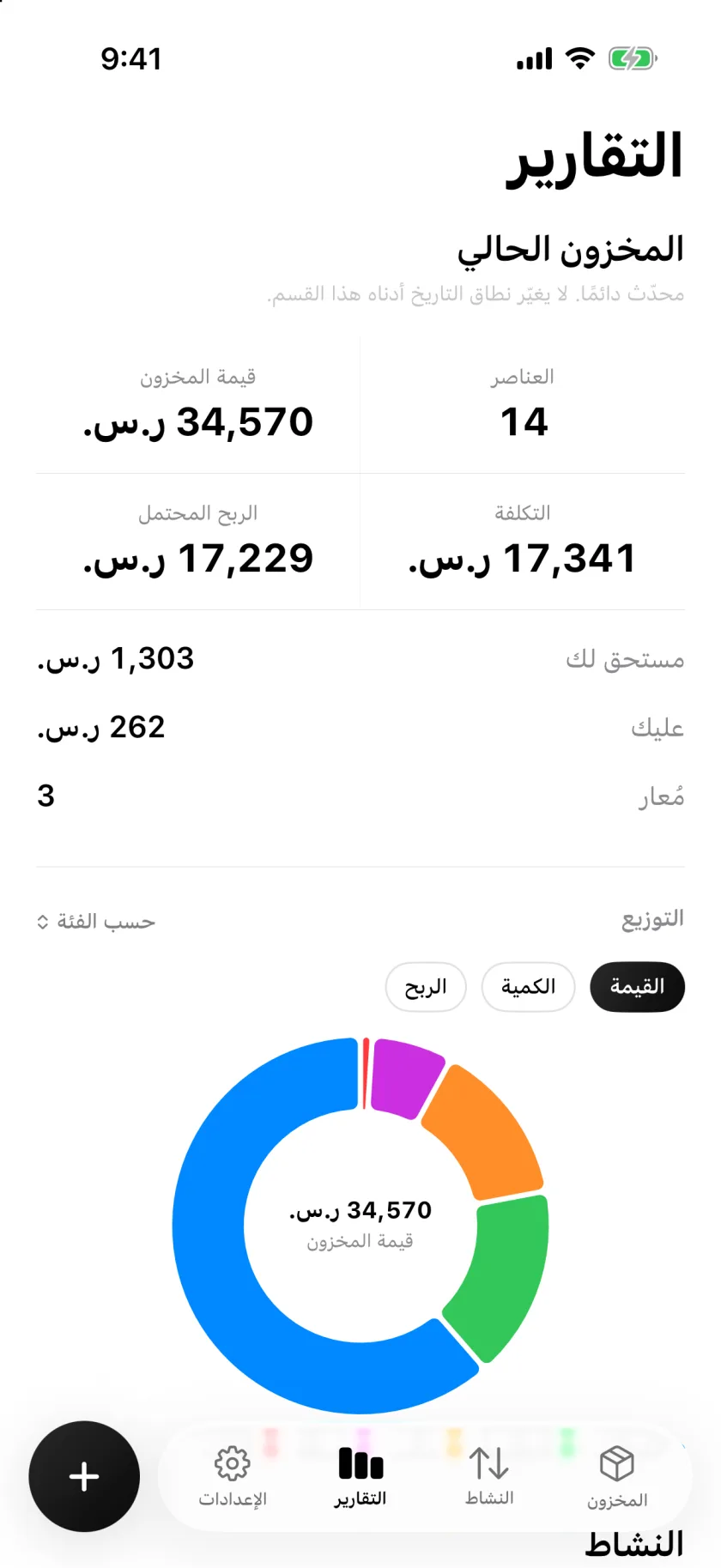 شاشة التقارير في Invenva مع قيمة المخزون وتوزيع الفئات