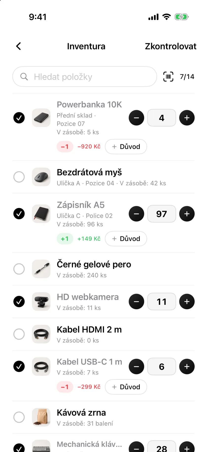 Inventura v Invenvě s odškrtnutými spočítanými řádky