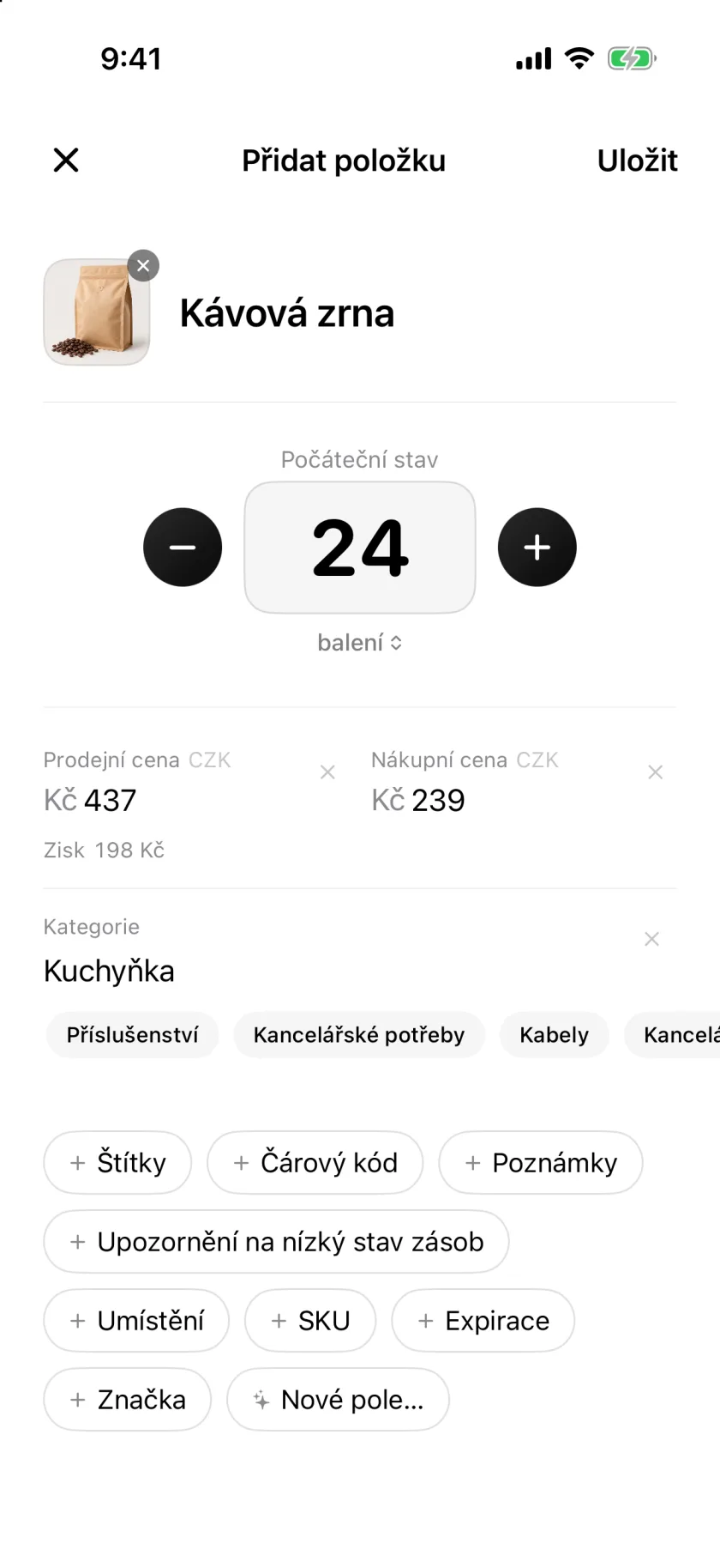 Obrazovka Nová položka v Invenvě s poli pro množství, cenu a kategorii