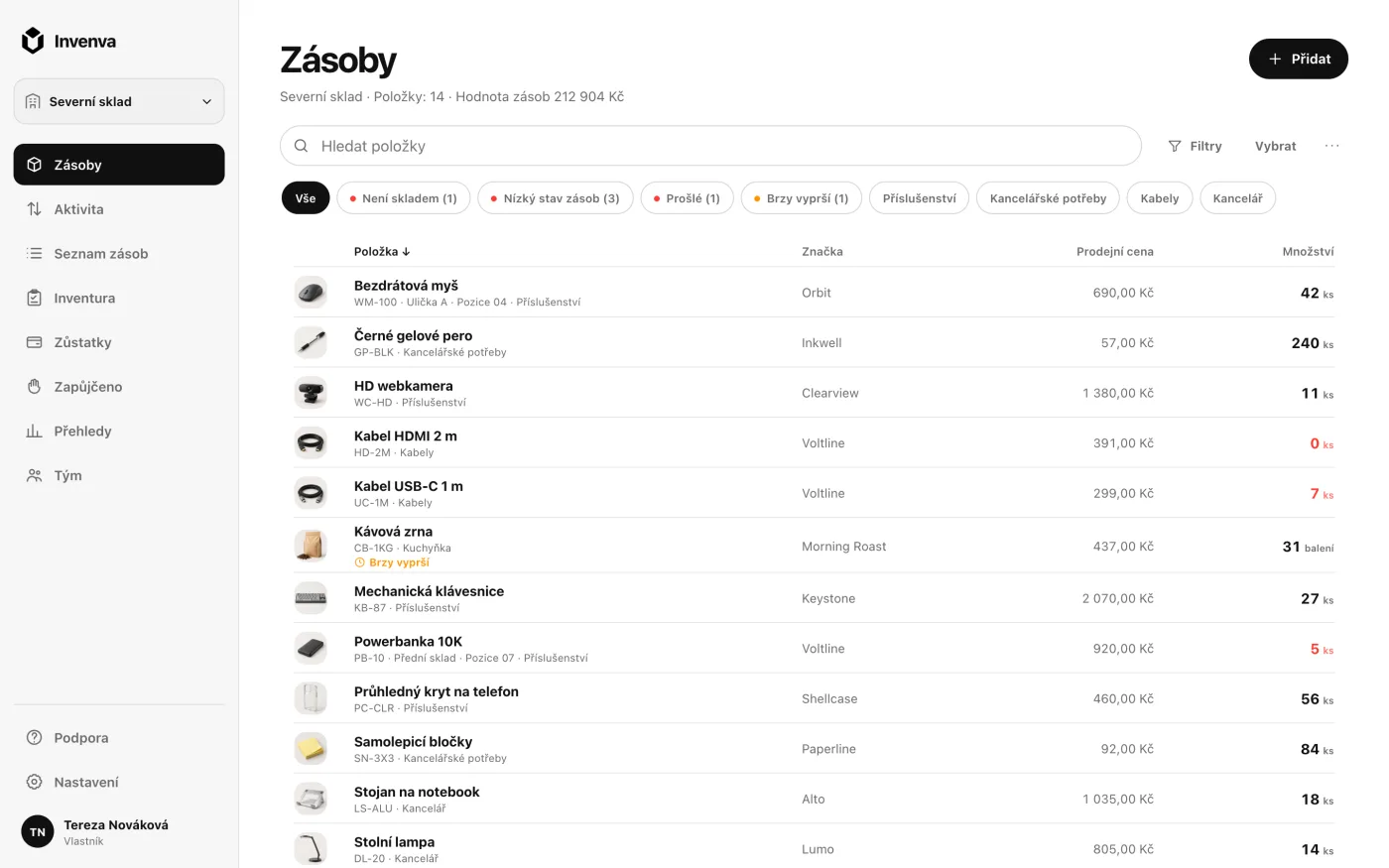 Webová aplikace Invenva se seznamem zásob, množstvím, kategoriemi a upozorněními na nízký stav