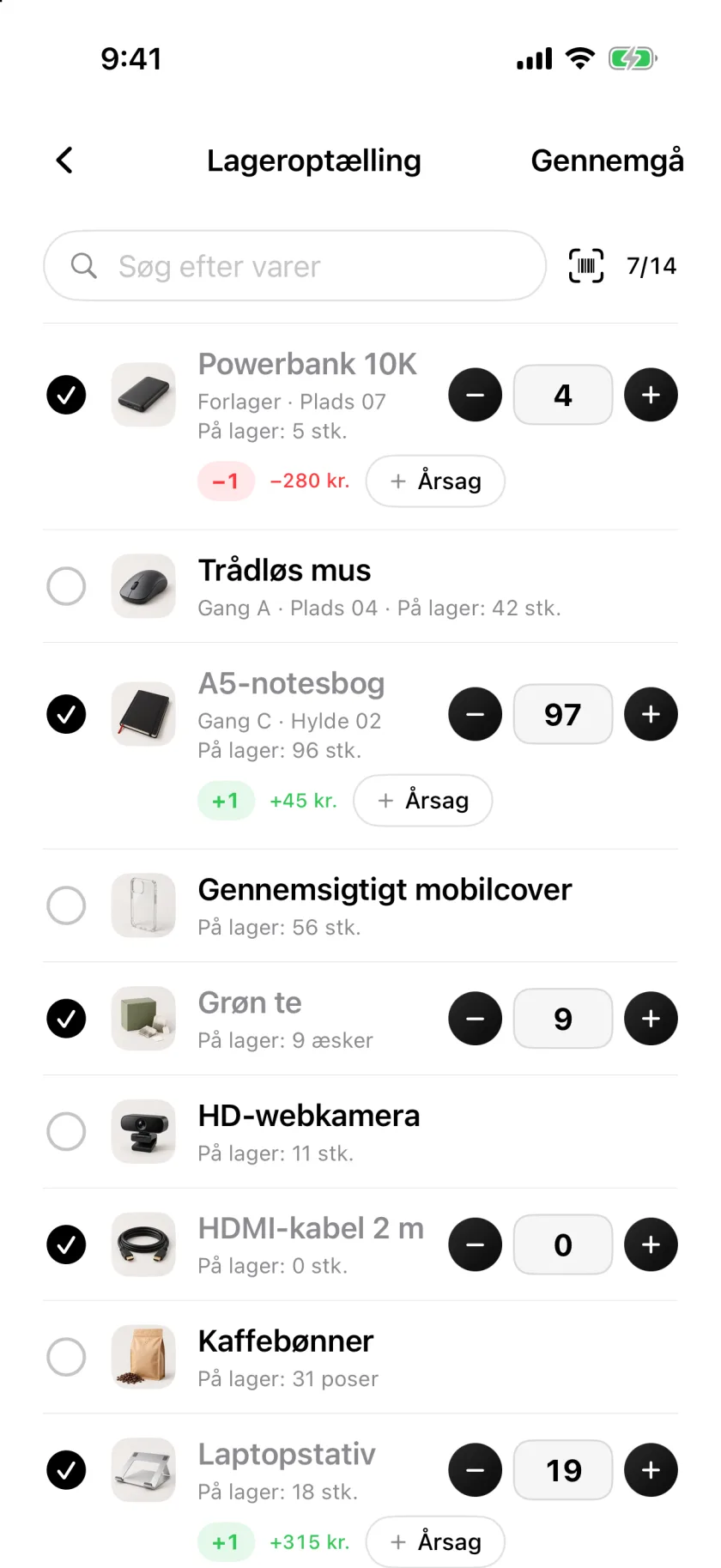 En lageroptælling i Invenva med afkrydsede rækker