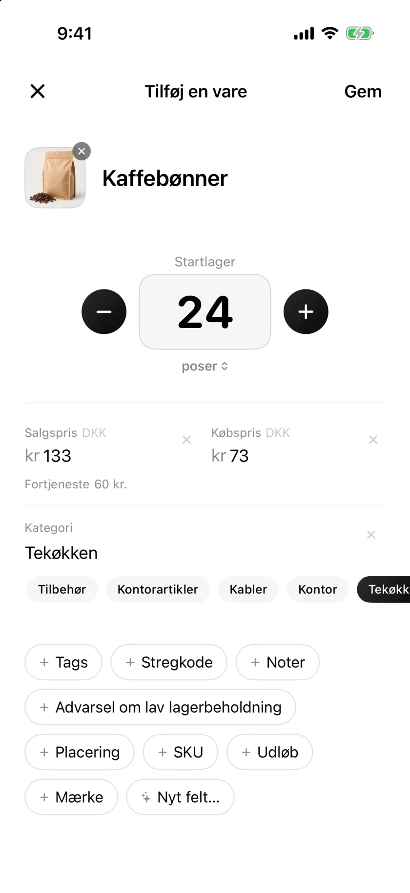 Skærmen Ny vare i Invenva med felter til antal, pris og kategori