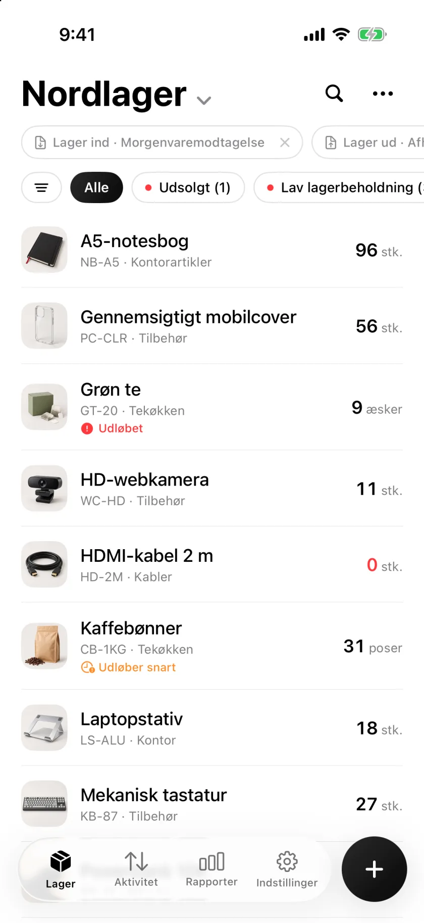 Lagerlisten i Invenva med antal og advarsler om lavt lager