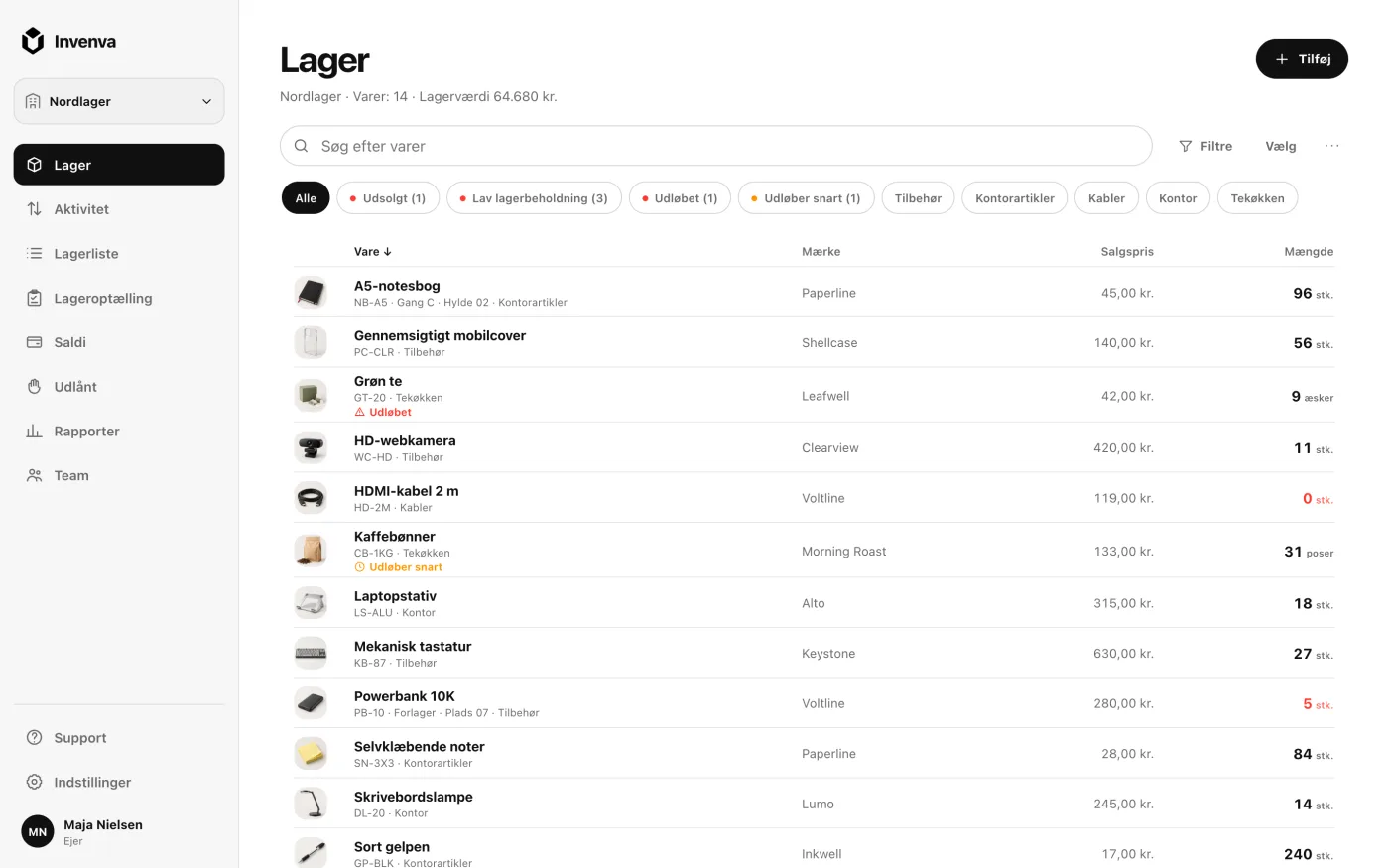 Invenvas webapp med en lagerliste, antal, kategorier og advarsler om lav beholdning