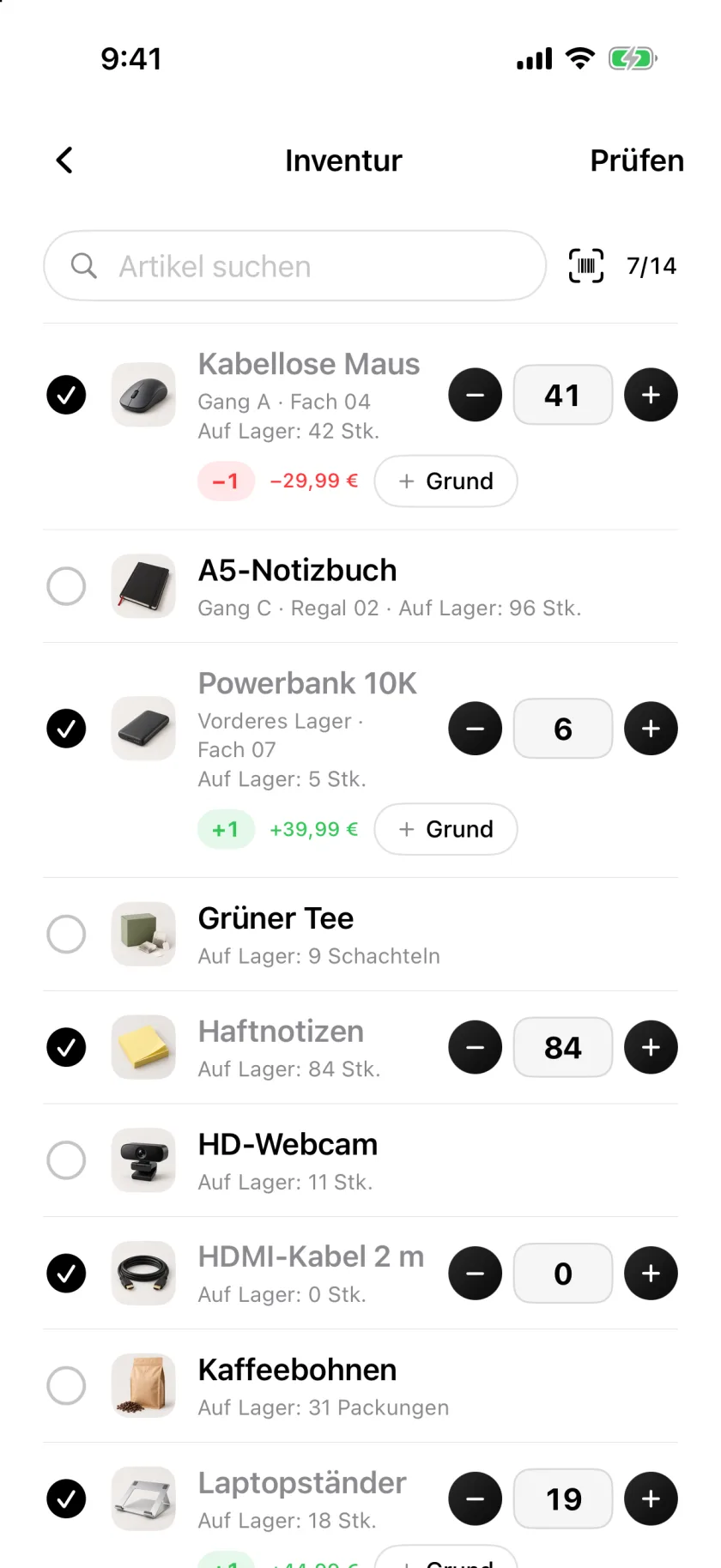 Eine Inventur in Invenva mit abgehakten Zeilen