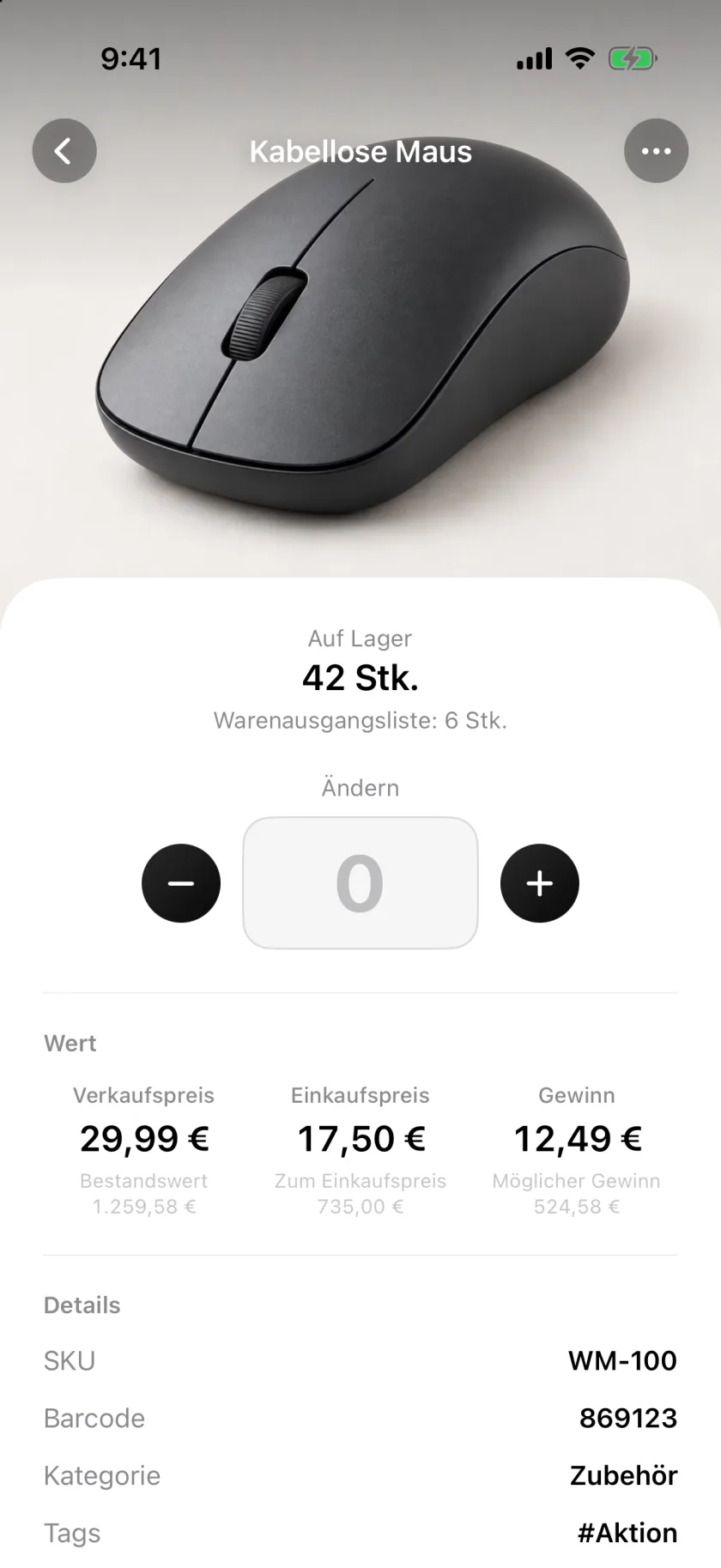 Ein Artikel in Invenva mit Bestand, Wert und Details