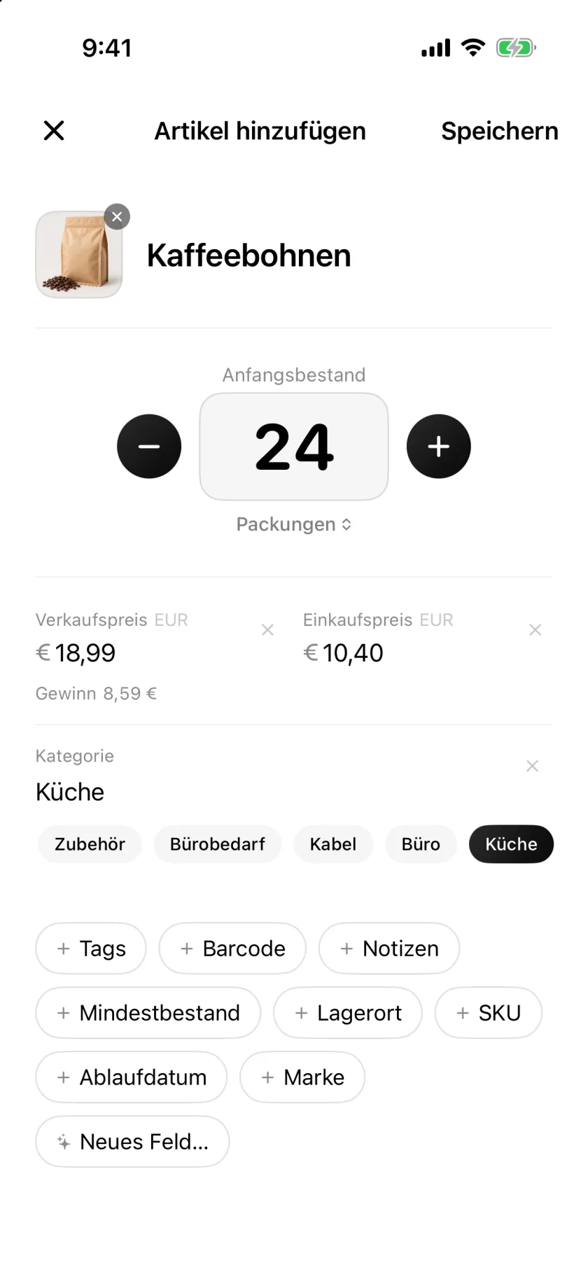 Der Bildschirm Neuer Artikel in Invenva mit Feldern für Menge, Preis und Kategorie