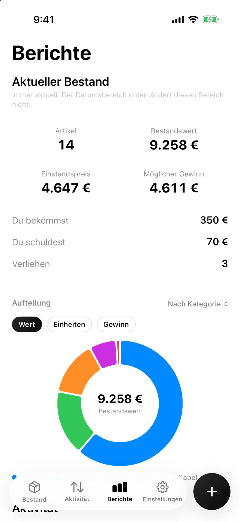Der Bildschirm Berichte in Invenva mit Bestandswert und Aufteilung nach Kategorie