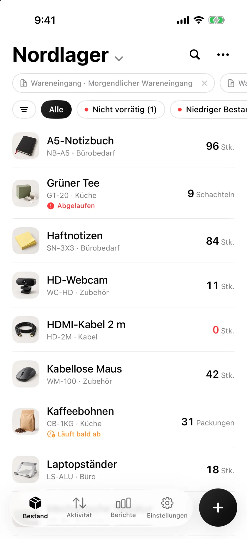 Die Bestandsliste in Invenva mit Mengen und Hinweisen auf niedrigen Bestand
