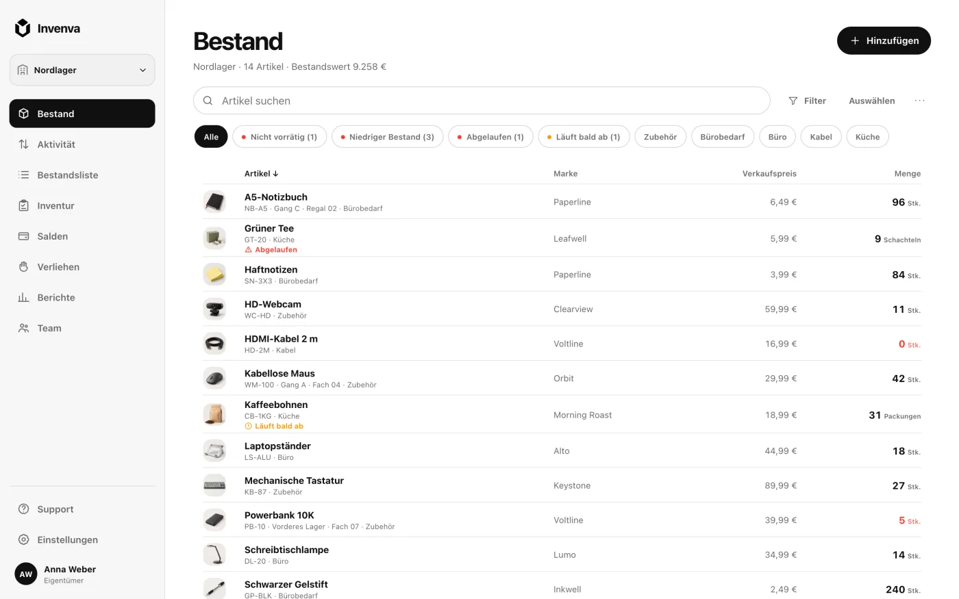Die Invenva-Web-App mit einer Bestandsliste, Mengen, Kategorien und Warnungen bei niedrigem Bestand