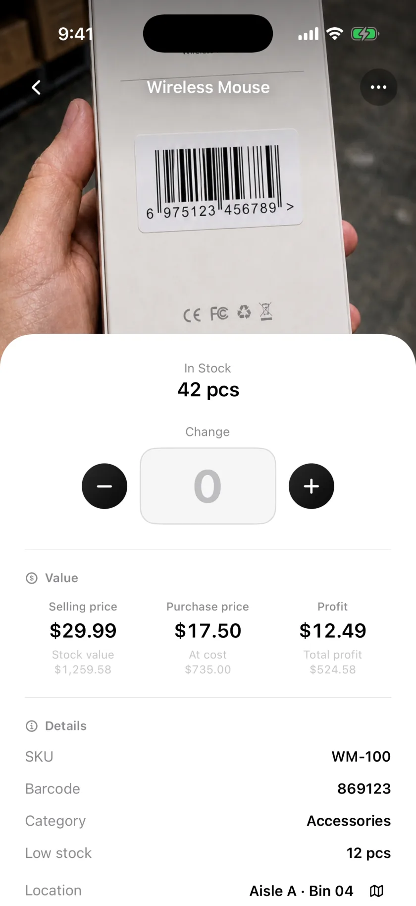 An item in Invenva showing stock on hand, value and details