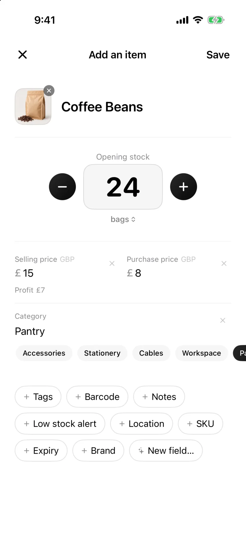 The New Item screen in Invenva with quantity, price and category fields