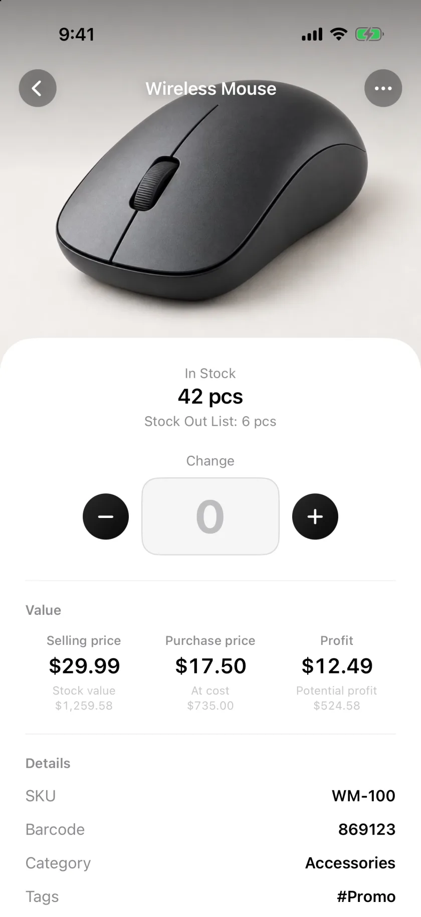 An item in Invenva showing stock on hand, value and details