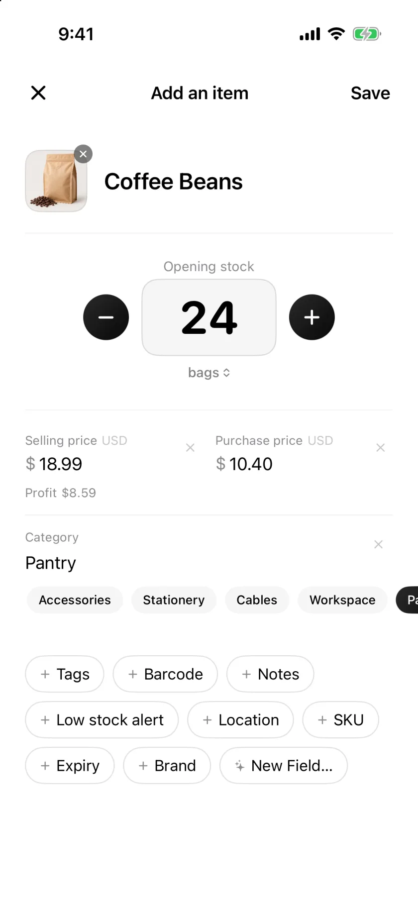 The New Item screen in Invenva with quantity, price and category fields