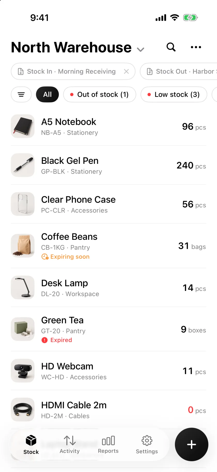 The Invenva stock list with quantities and low stock warnings