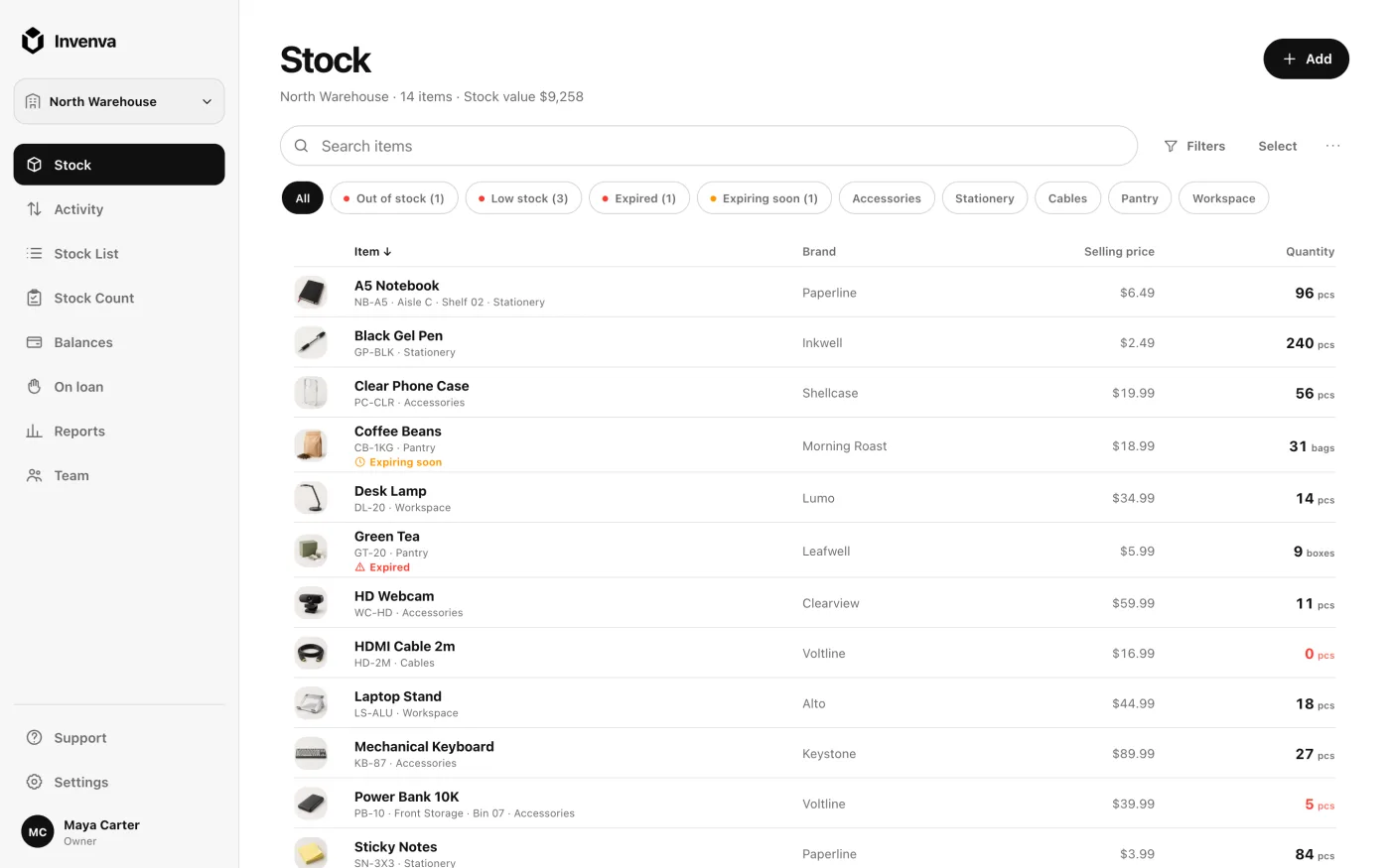 The Invenva web app showing a stock list with quantities, categories and low stock warnings