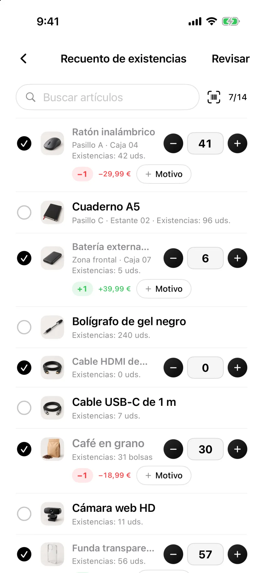 Un recuento de stock en Invenva con las filas contadas marcadas