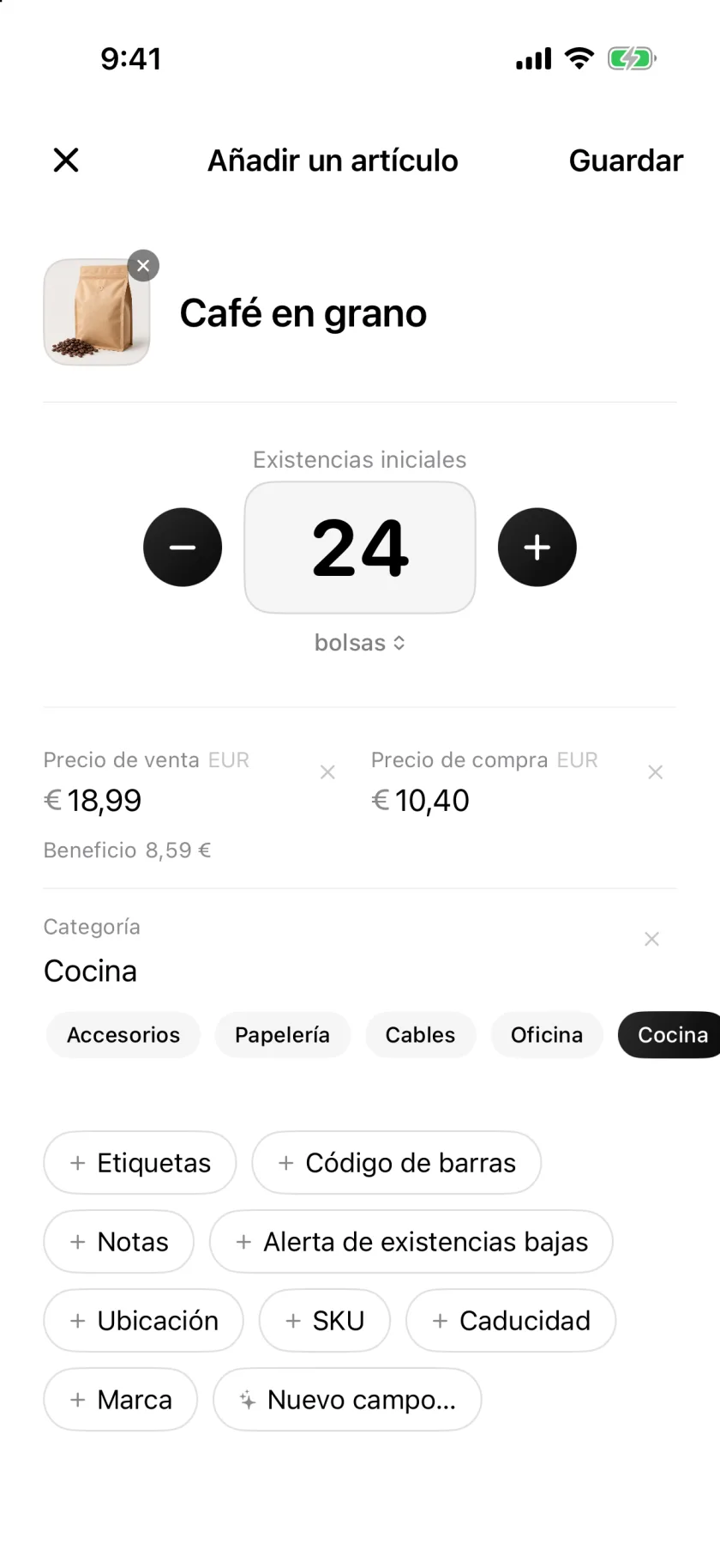 La pantalla Nuevo artículo de Invenva con los campos de cantidad, precio y categoría