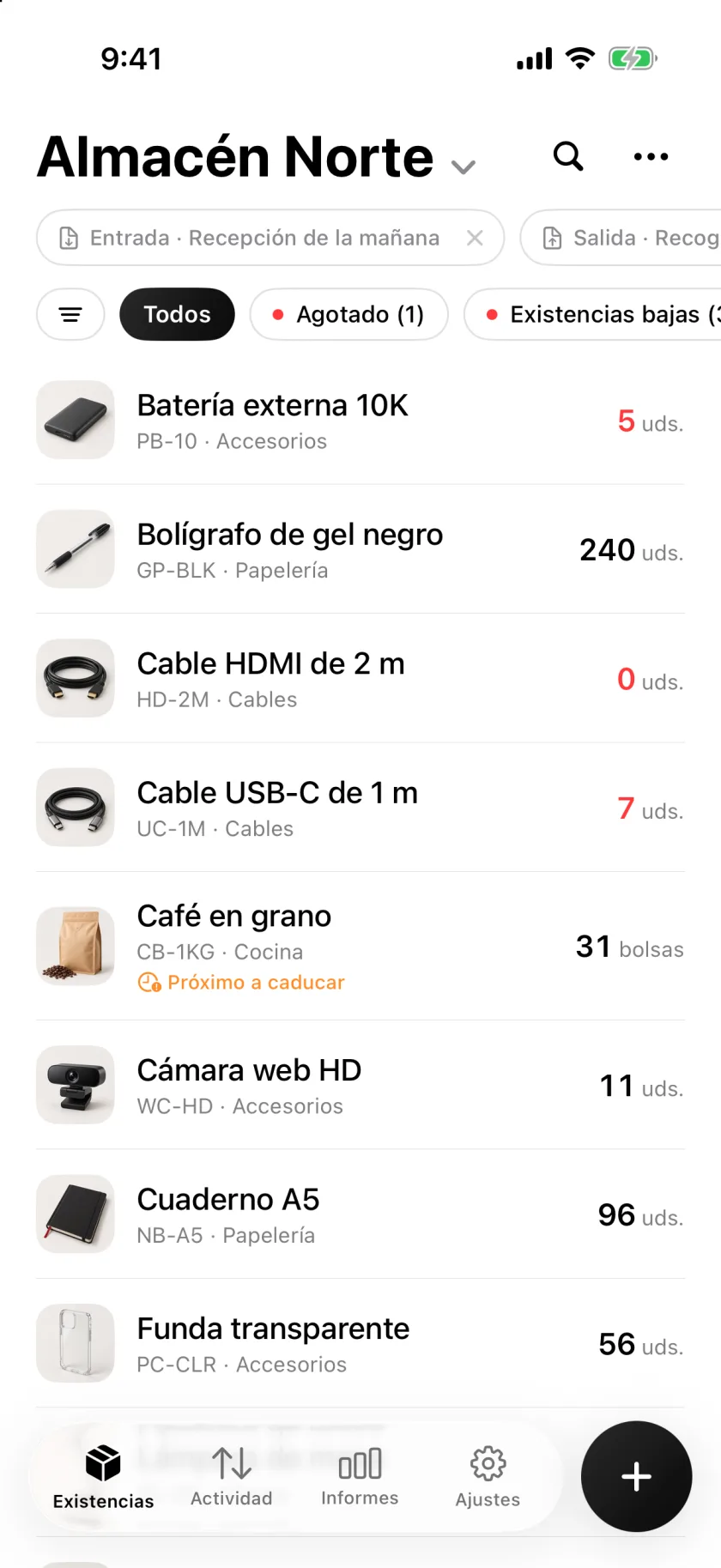 La lista de stock de Invenva con cantidades y avisos de stock bajo