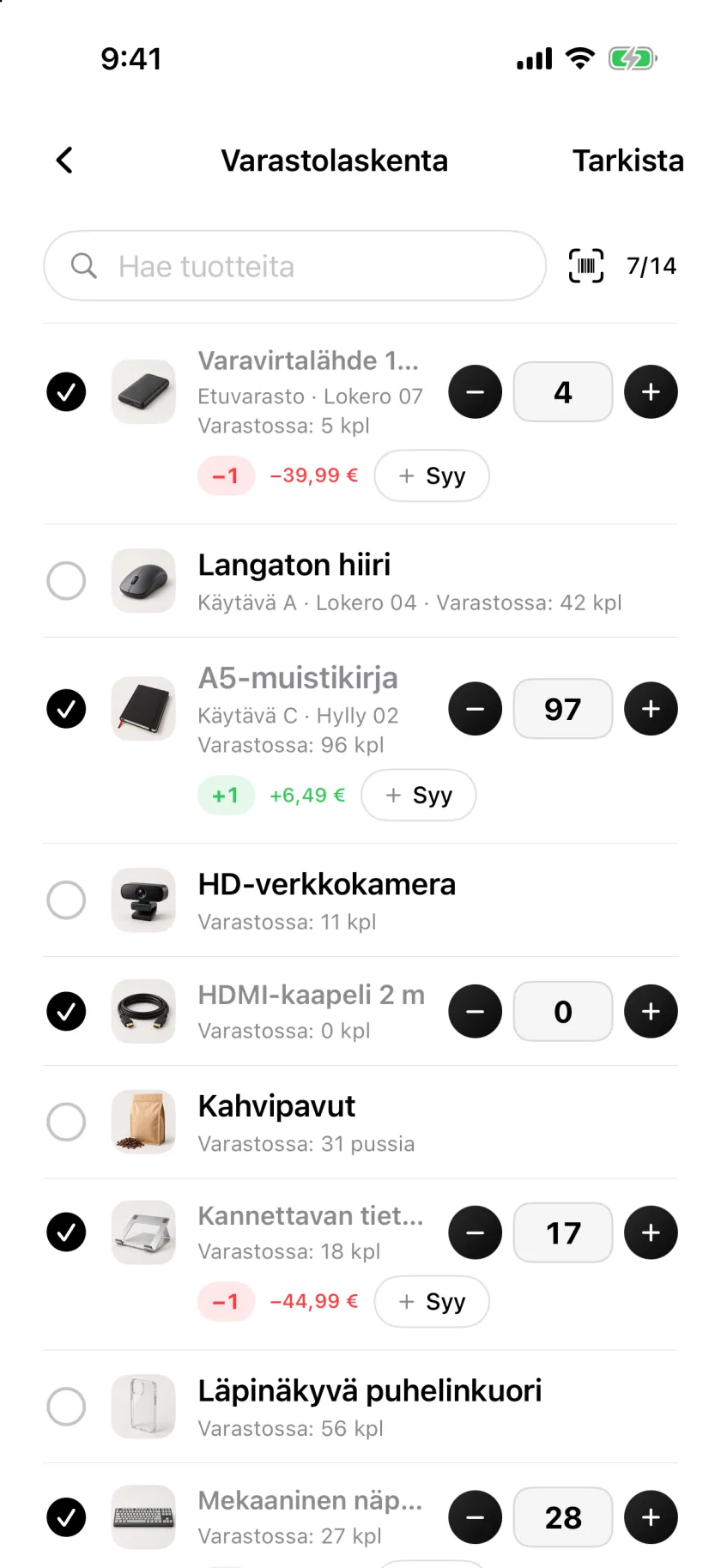 Inventaario Invenvassa, lasketut rivit merkittyinä