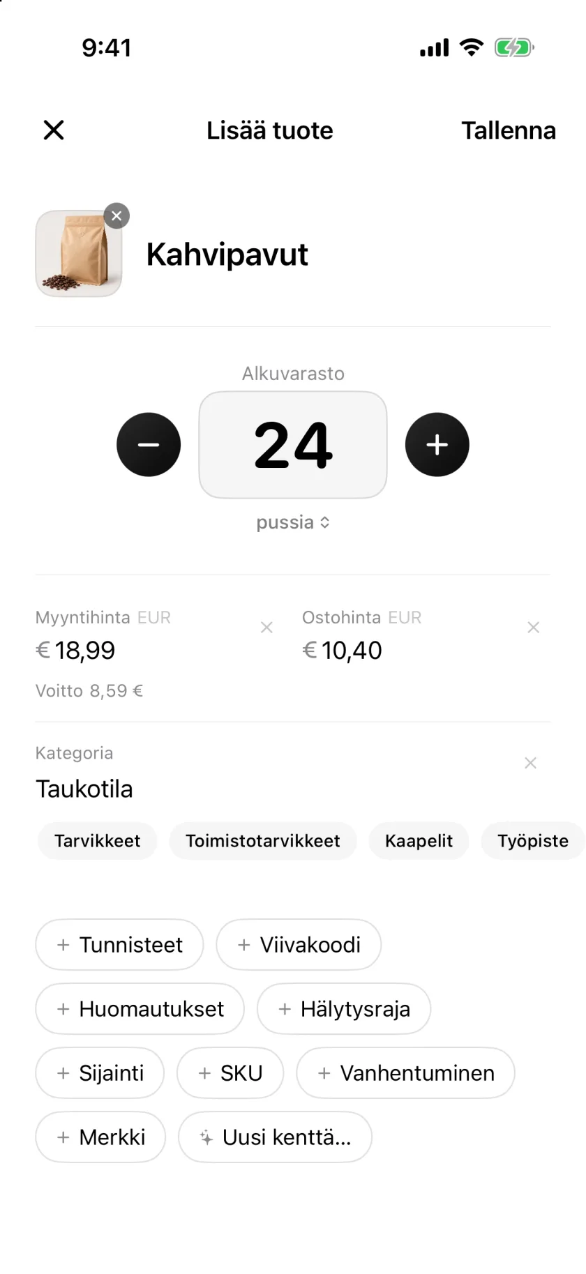 Invenvan Uusi tuote -näkymä määrä-, hinta- ja kategoriakentillä