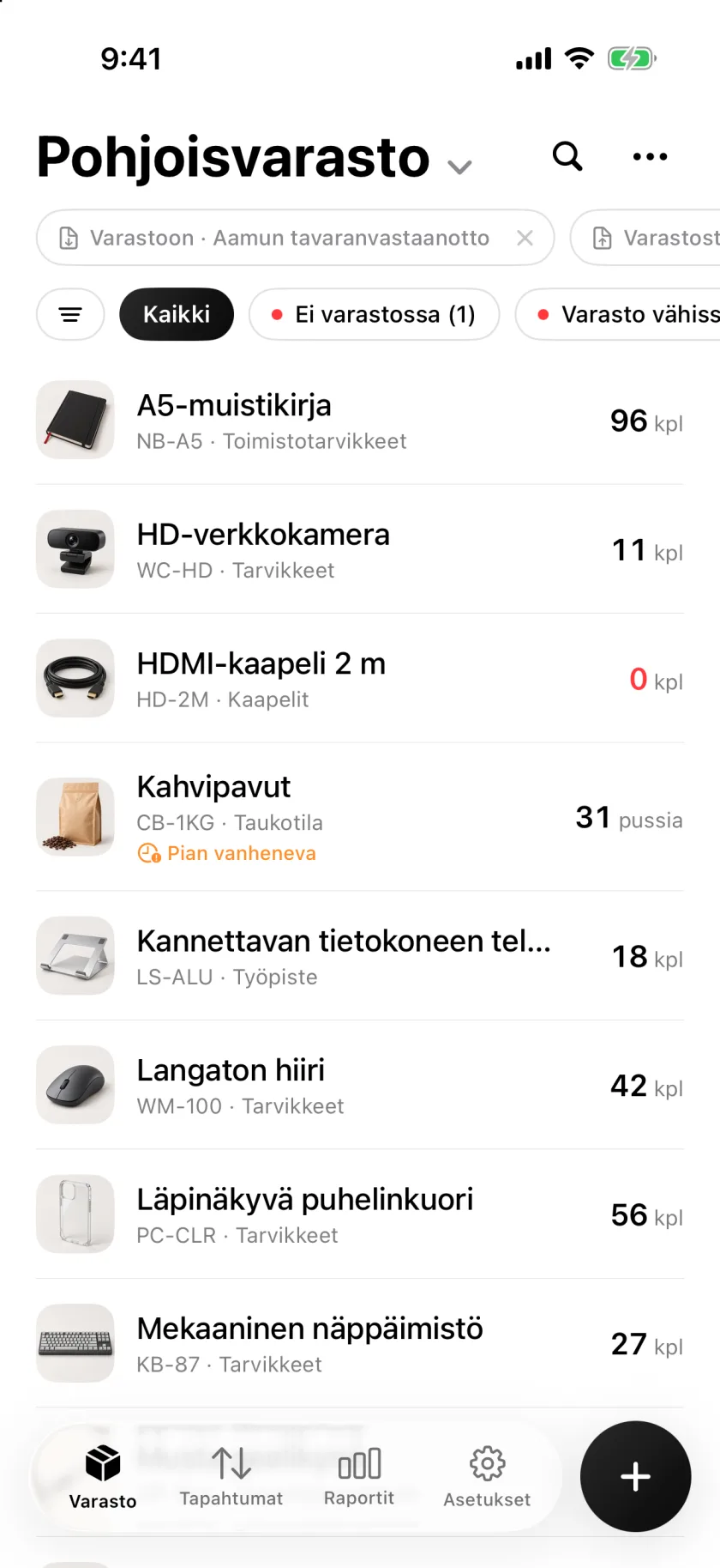 Invenvan varastolista määrineen ja vähäisen varaston varoituksineen