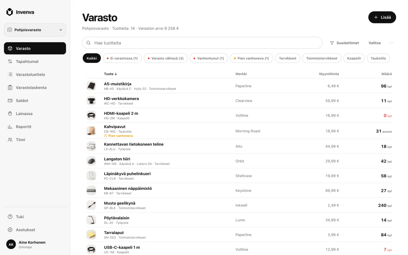 Invenvan verkkosovellus, jossa näkyy varastolista määrineen, luokkineen ja vähissä olevan varaston varoituksineen