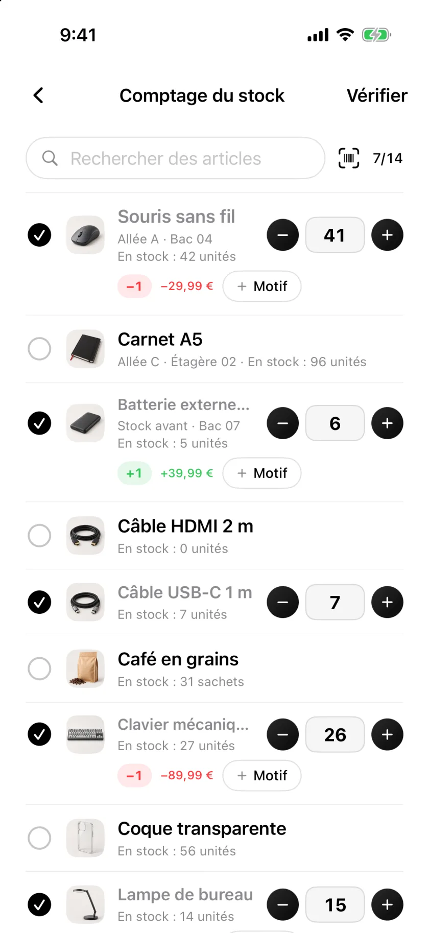 Un inventaire dans Invenva avec les lignes comptées cochées