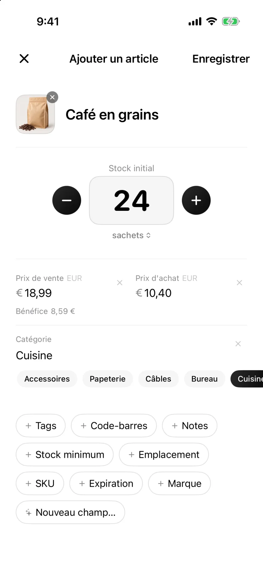 L’écran Nouvel article d’Invenva avec les champs quantité, prix et catégorie