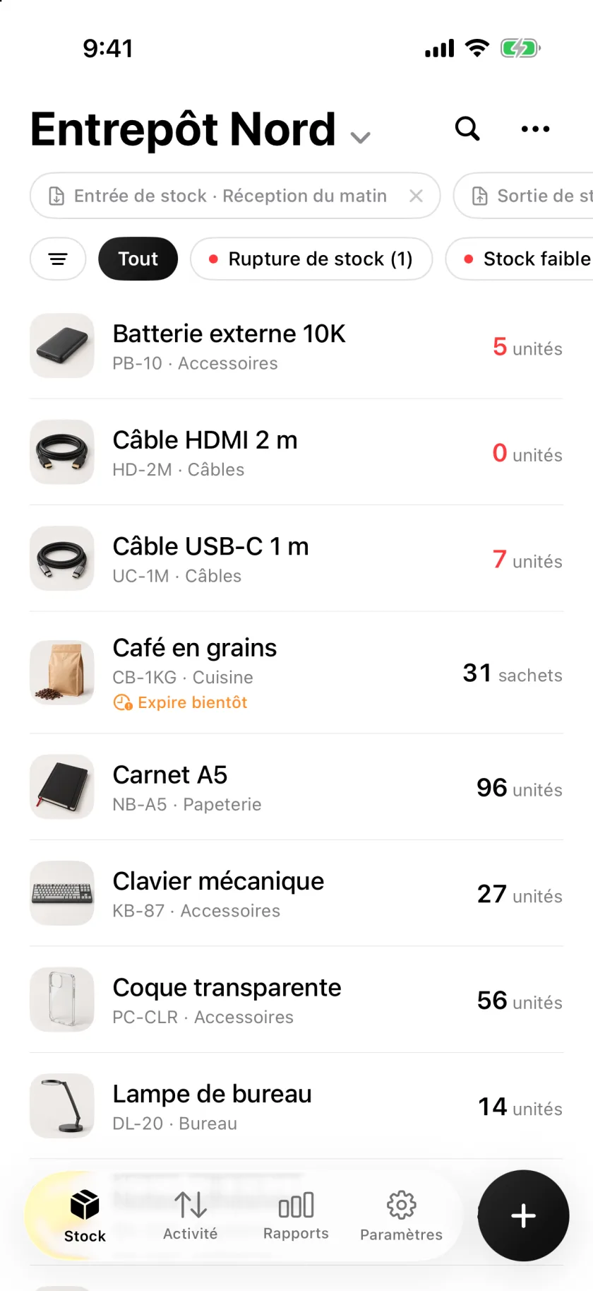 La liste de stock Invenva avec les quantités et les alertes de stock faible