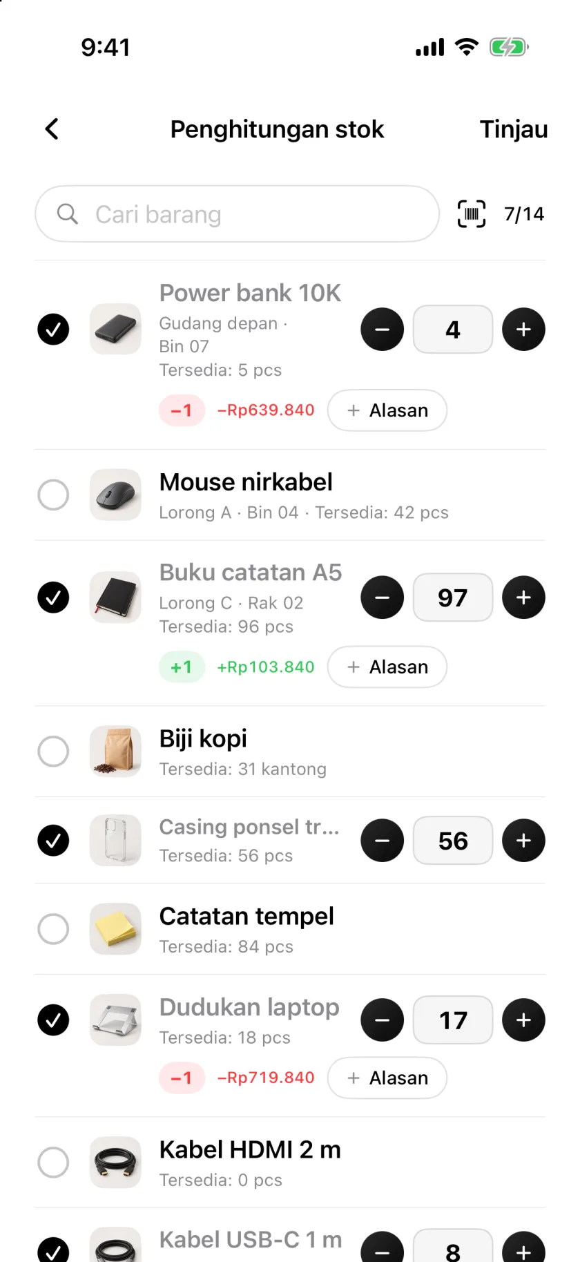 Stok opname di Invenva dengan baris yang sudah dihitung dicentang