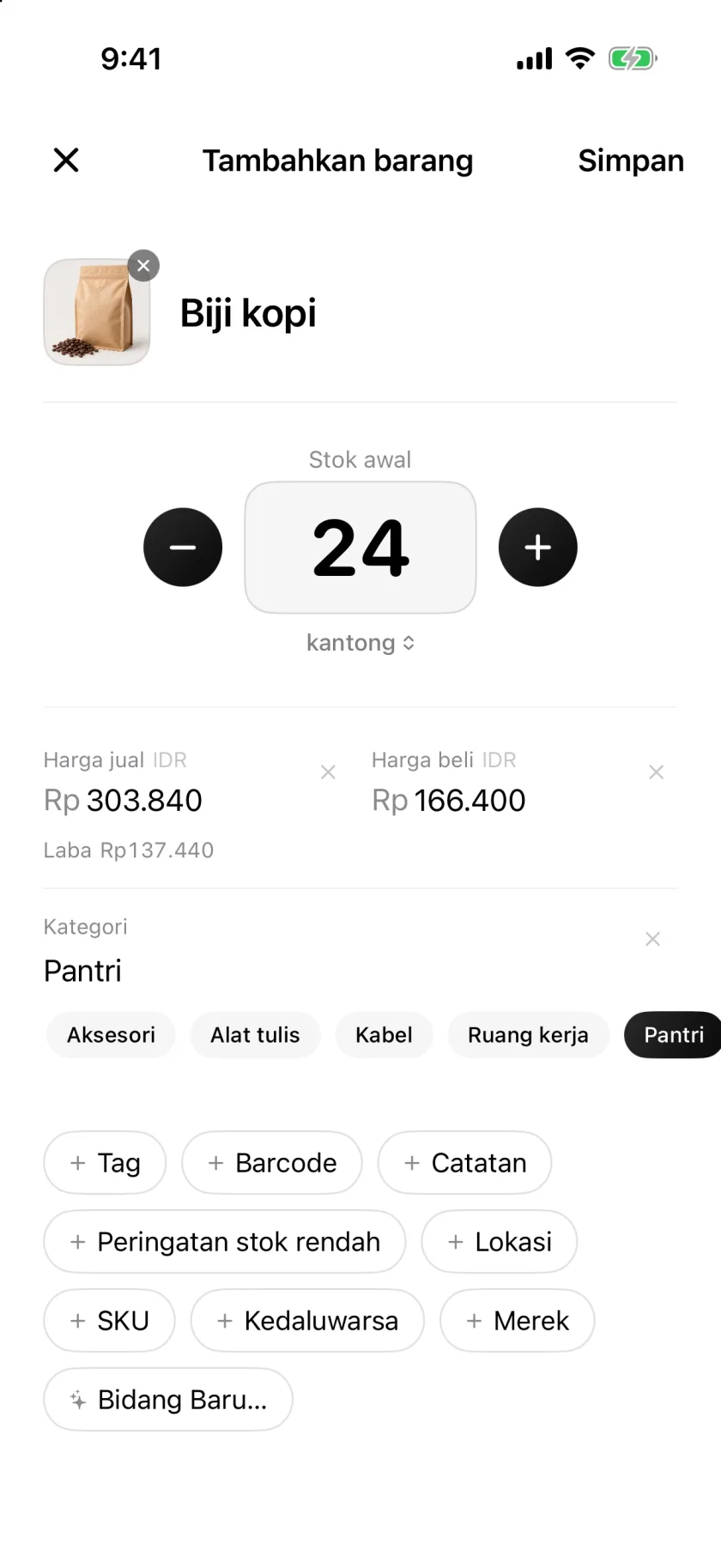 Layar Barang Baru di Invenva dengan kolom jumlah, harga dan kategori