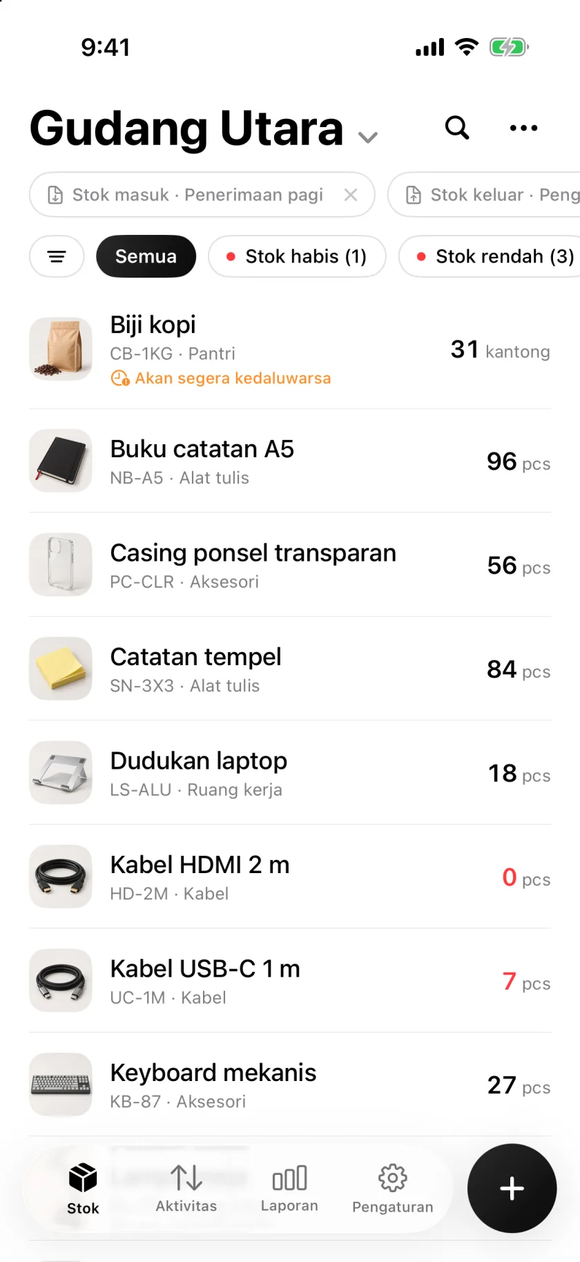 Daftar stok Invenva dengan jumlah dan peringatan stok menipis