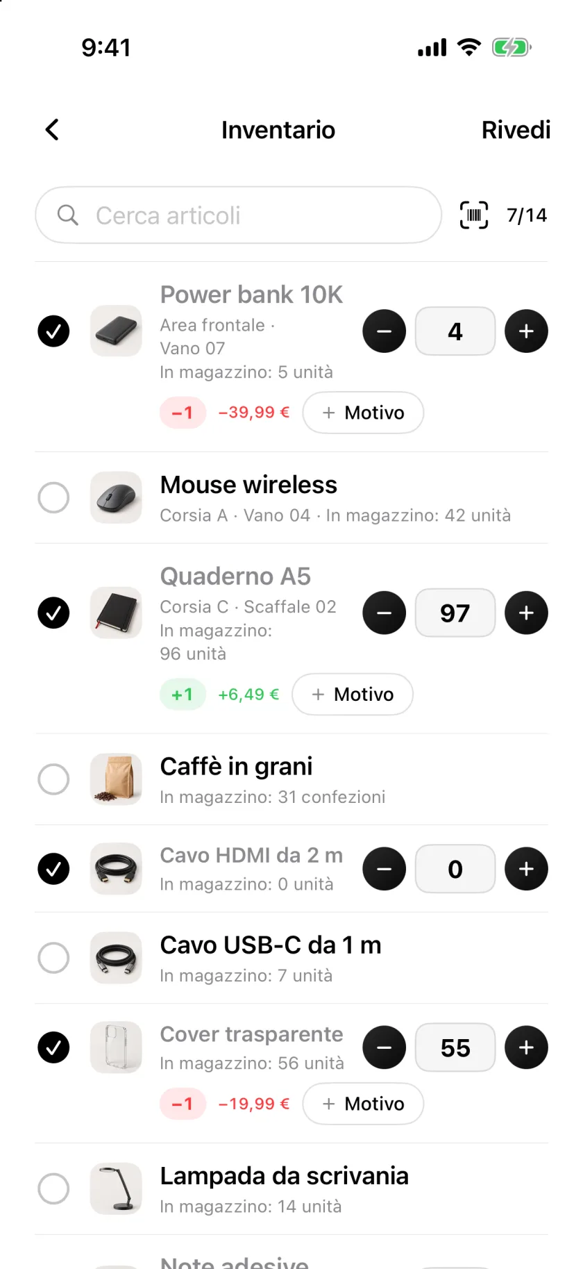 Un inventario in Invenva con le righe contate spuntate