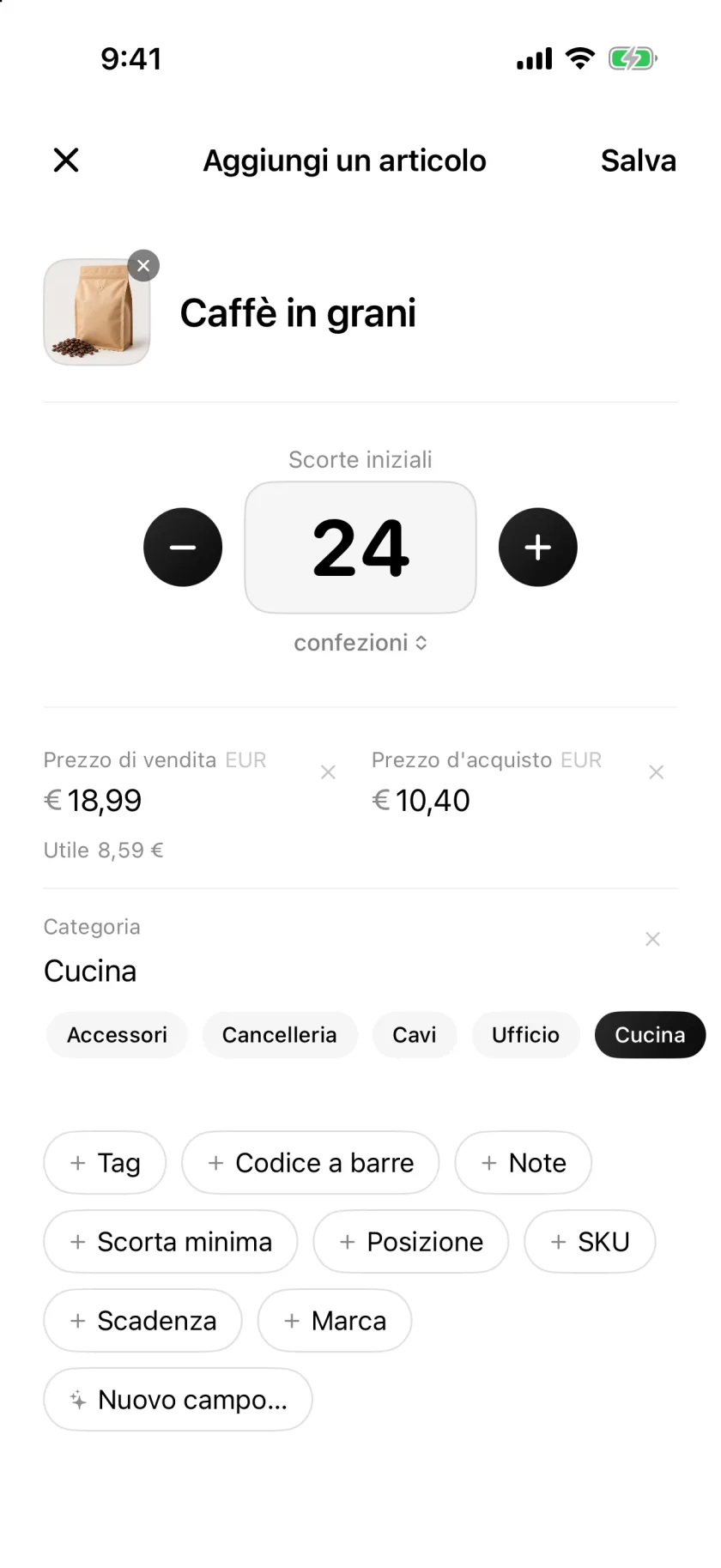 La schermata Nuovo articolo di Invenva con i campi quantità, prezzo e categoria