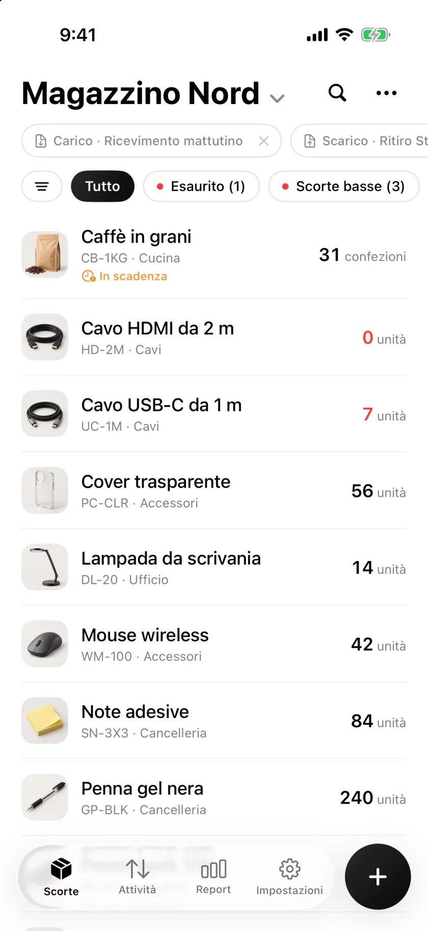 La lista scorte di Invenva con quantità e avvisi di scorte basse