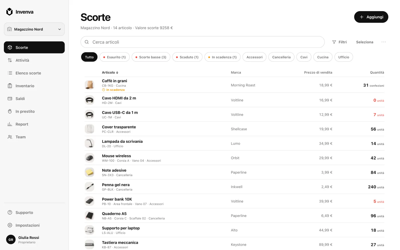 L'app web Invenva con un elenco di magazzino, quantità, categorie e avvisi di scorte basse