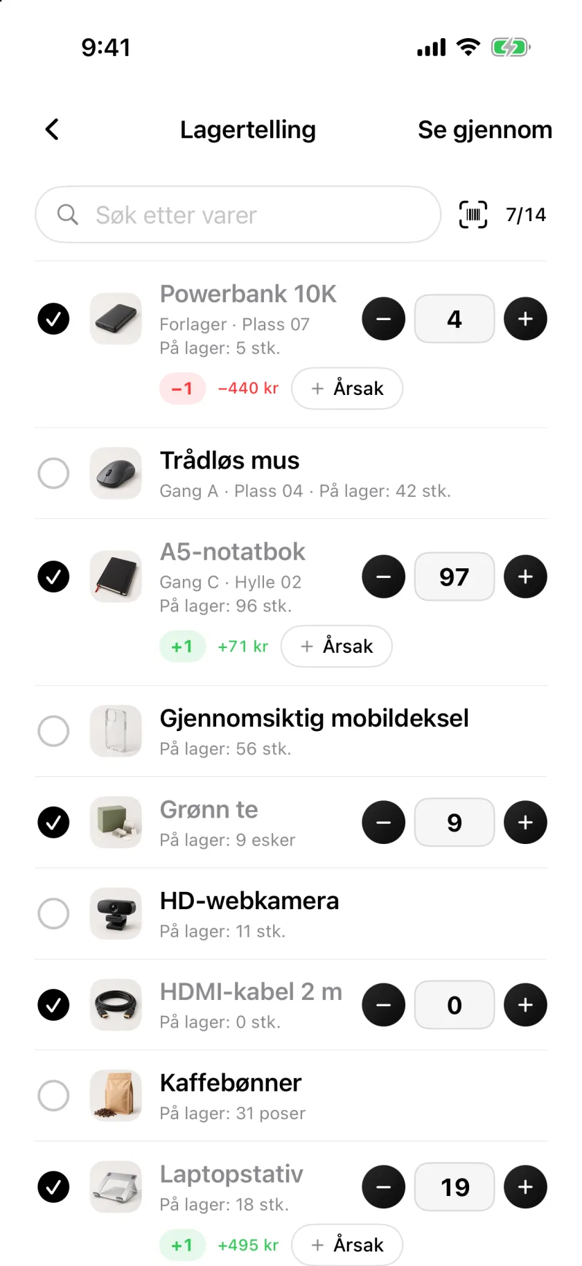 En varetelling i Invenva med avhukede rader