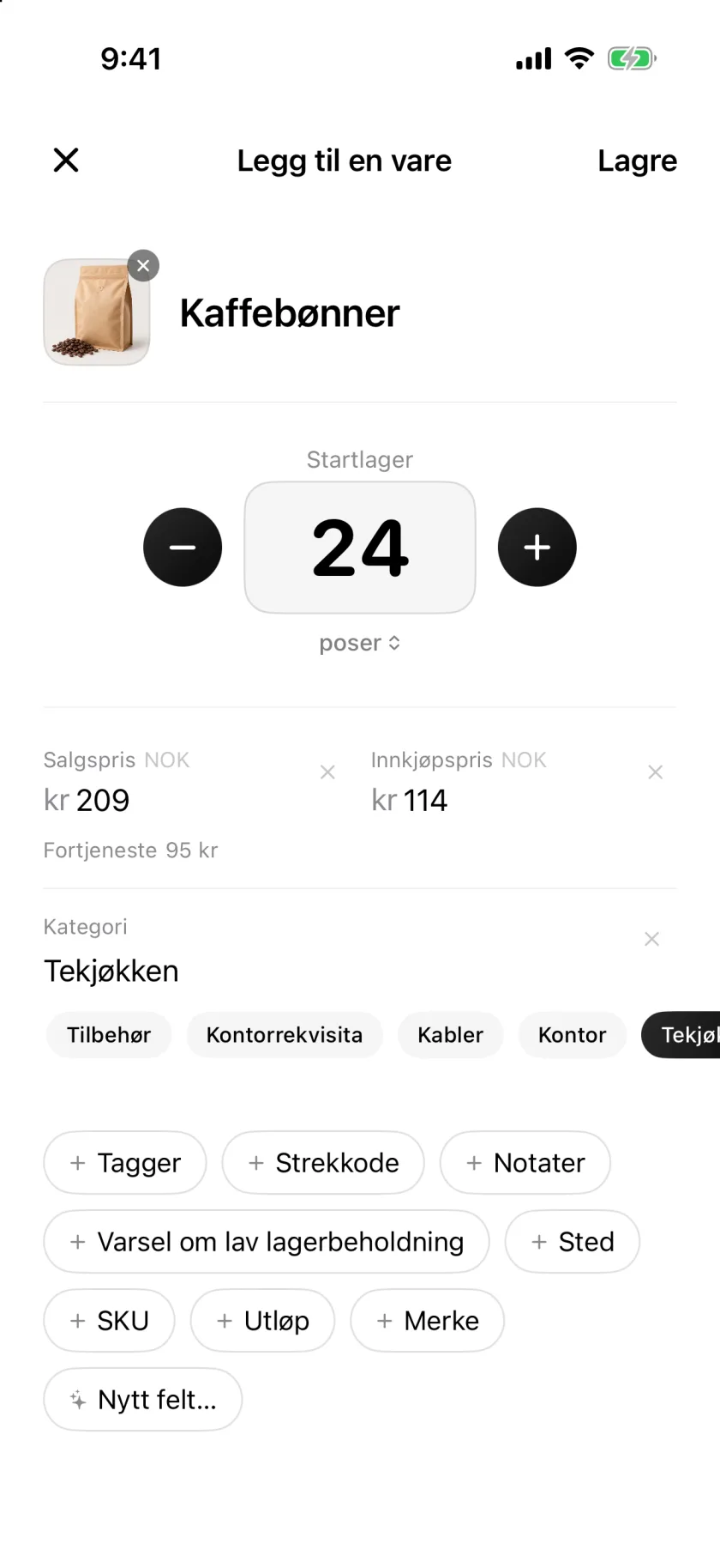 Skjermen Ny vare i Invenva med felt for antall, pris og kategori