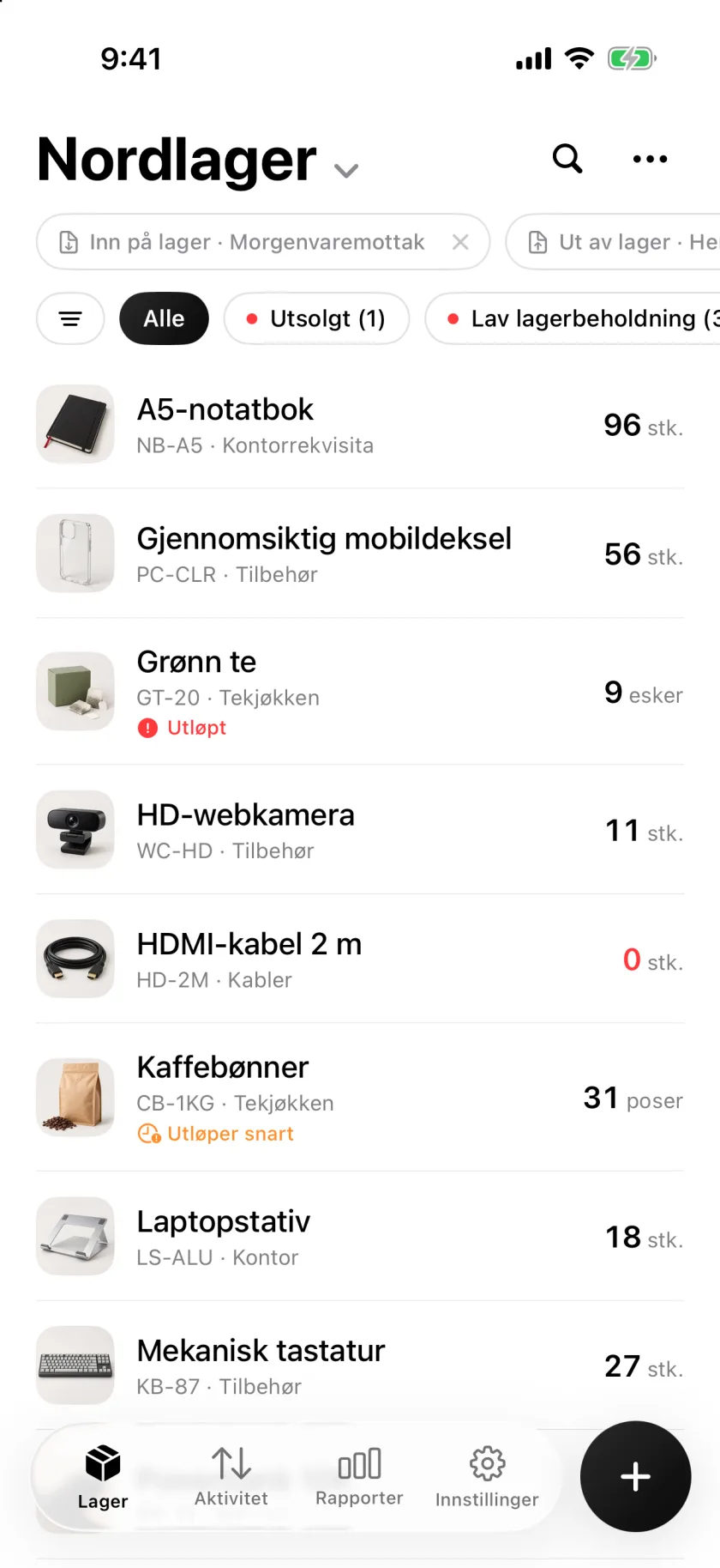 Lagerlisten i Invenva med antall og varsler om lav beholdning