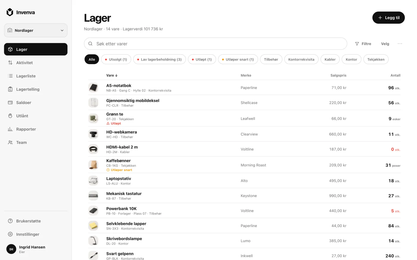 Invenvas nettapp med en lagerliste, antall, kategorier og varsler om lav beholdning
