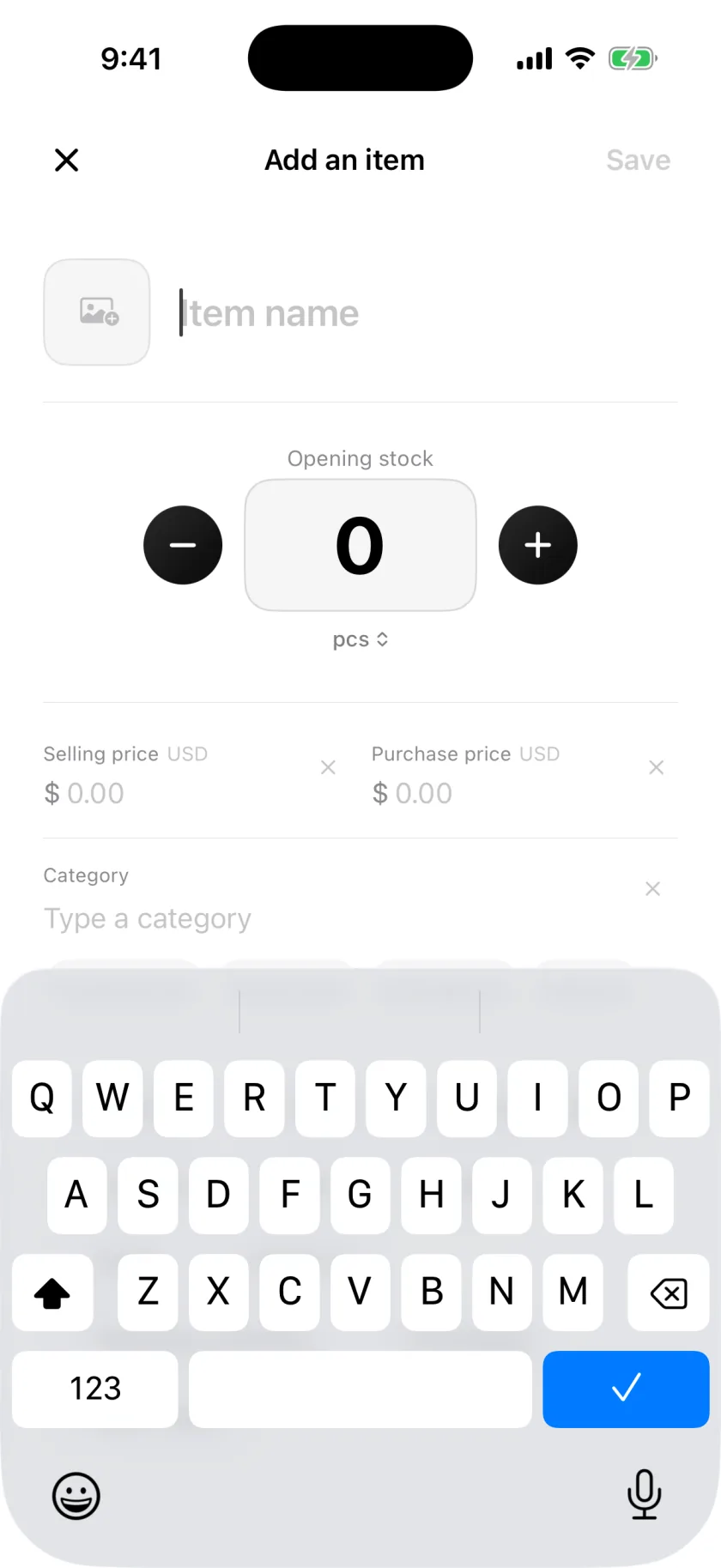شاشة صنف جديد في Invenva مع حقول الكمية والسعر والفئة