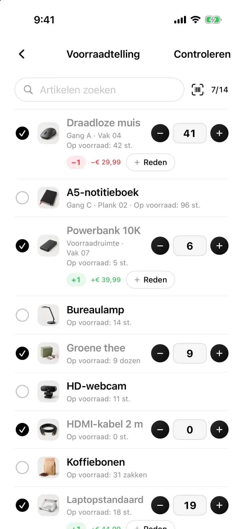 Een voorraadtelling in Invenva met afgevinkte getelde rijen