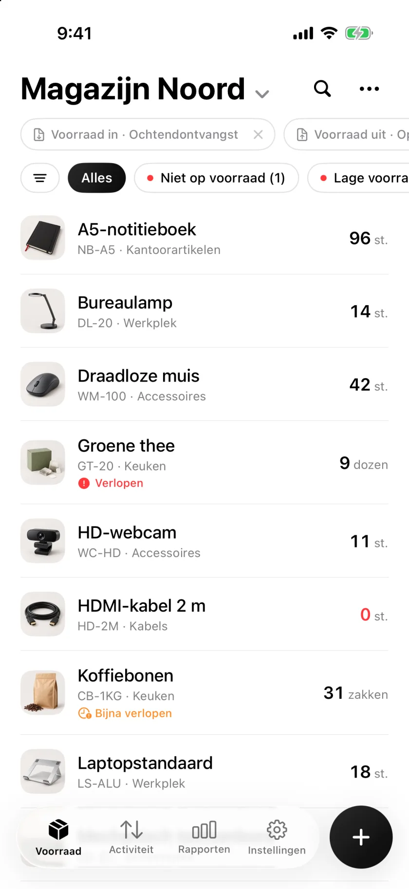 De voorraadlijst van Invenva met aantallen en waarschuwingen voor lage voorraad