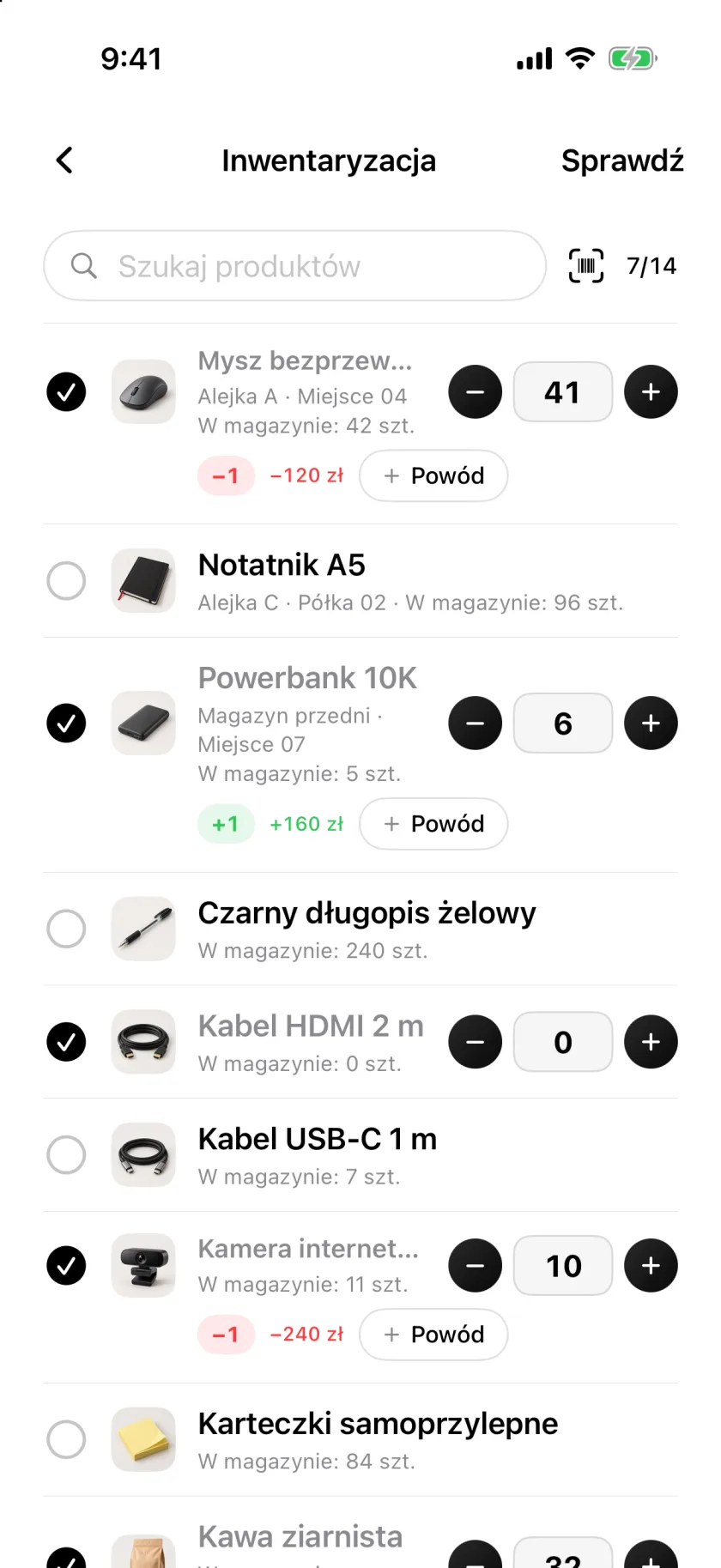 Inwentaryzacja w Invenva z odznaczonymi policzonymi wierszami