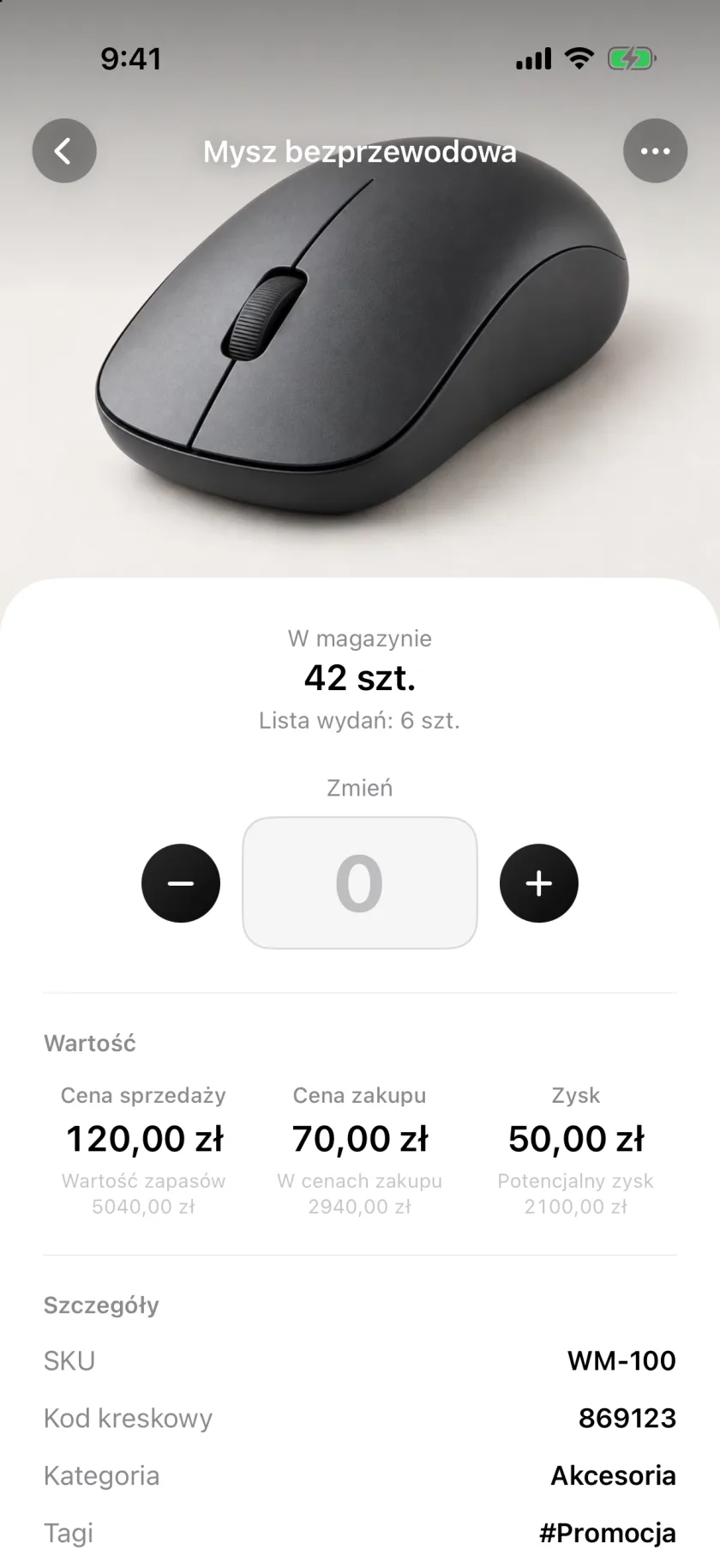 Produkt w Invenva ze stanem magazynowym, wartością i szczegółami