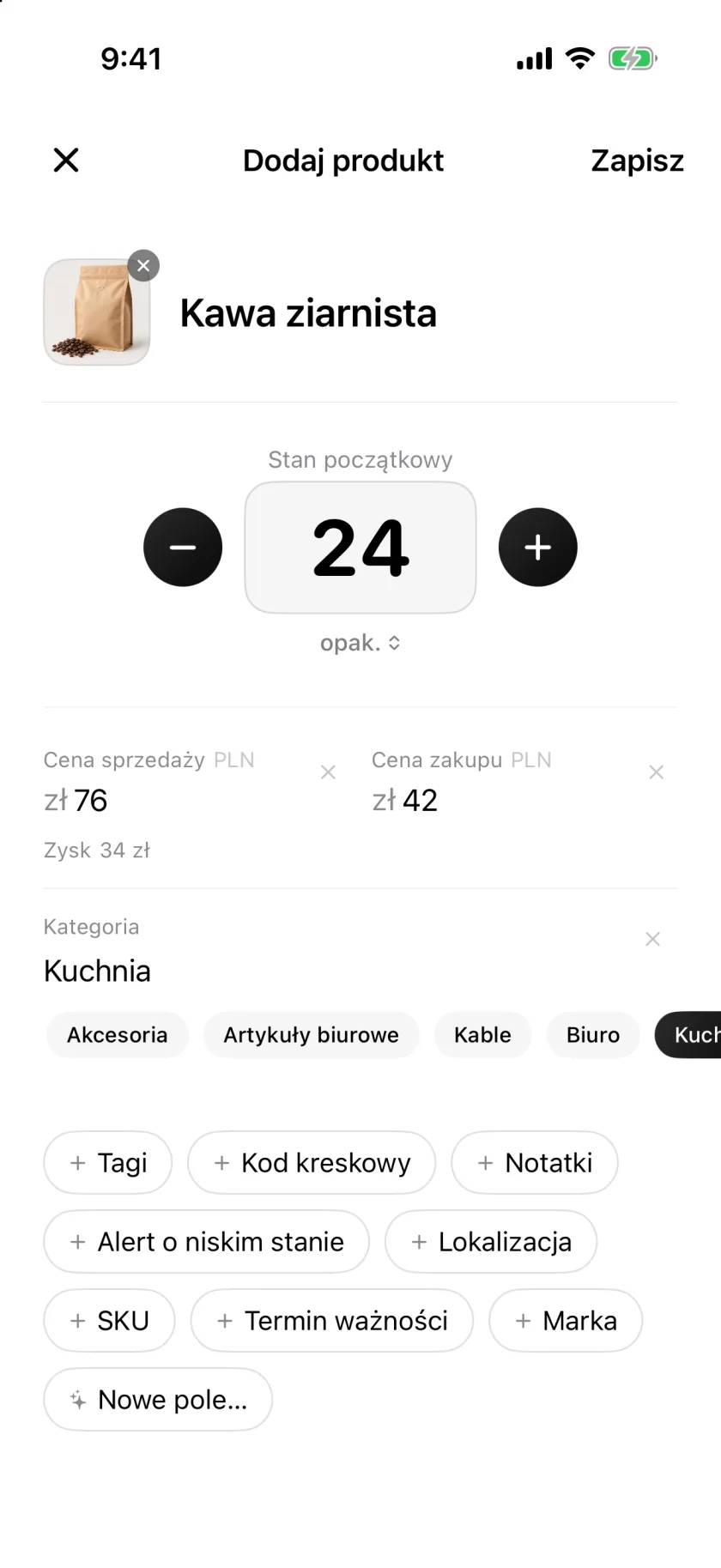 Ekran nowego produktu w Invenva z polami ilości, ceny i kategorii
