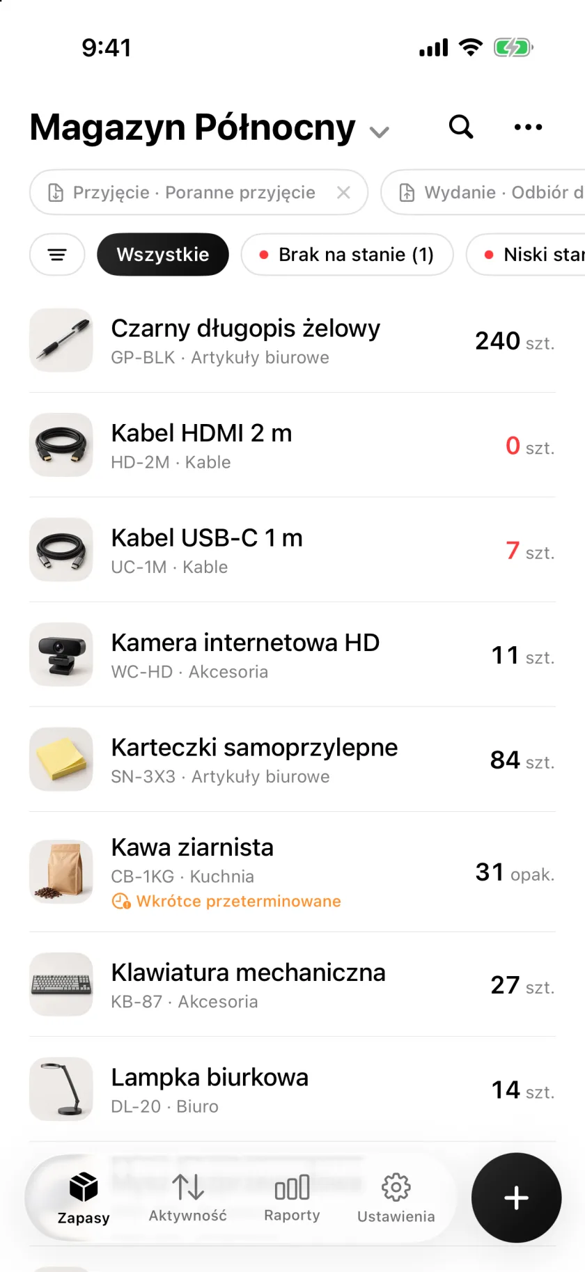 Lista produktów w Invenva z ilościami i ostrzeżeniami o niskim stanie
