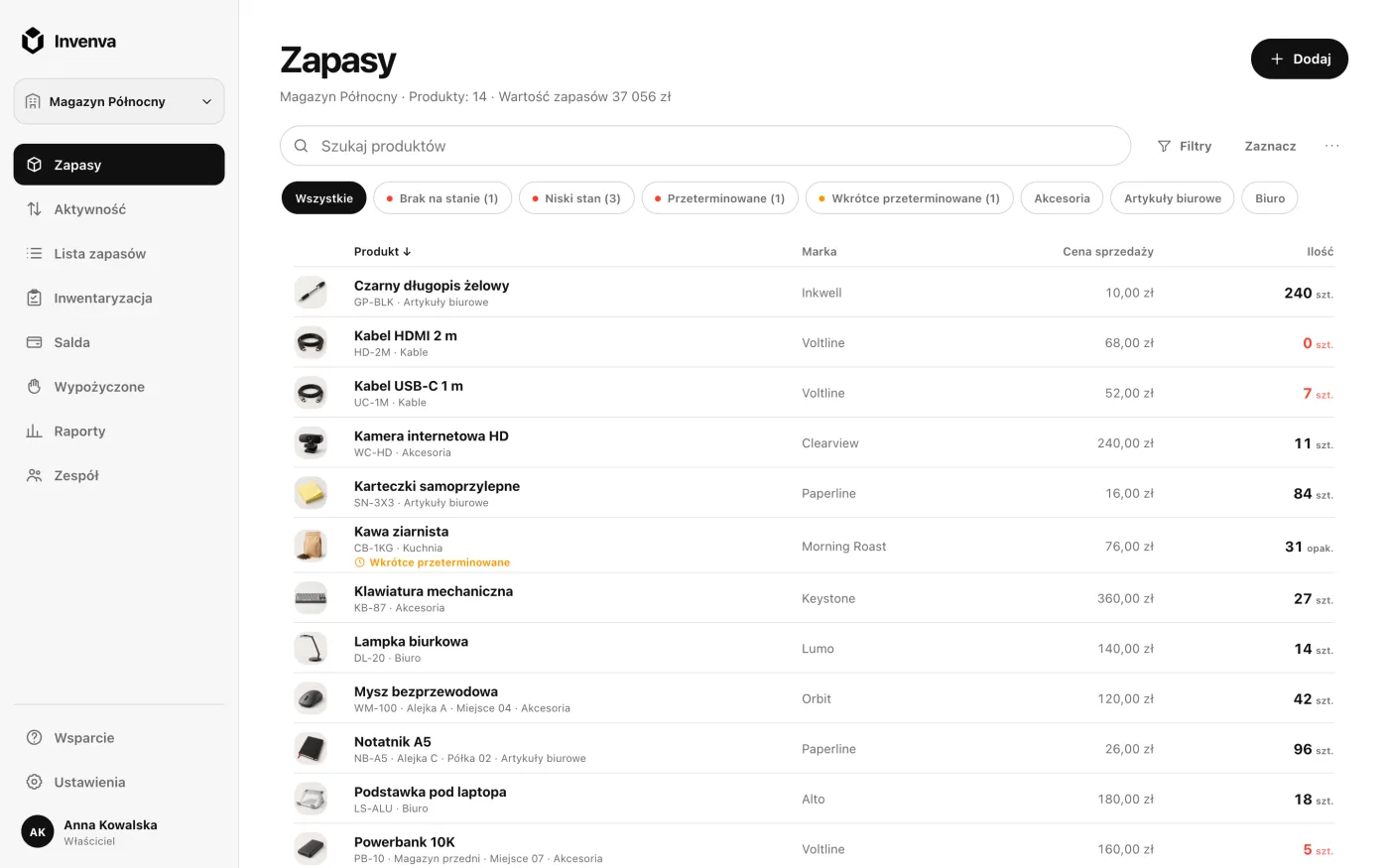 Aplikacja internetowa Invenva z listą zapasów, ilościami, kategoriami i ostrzeżeniami o niskim stanie