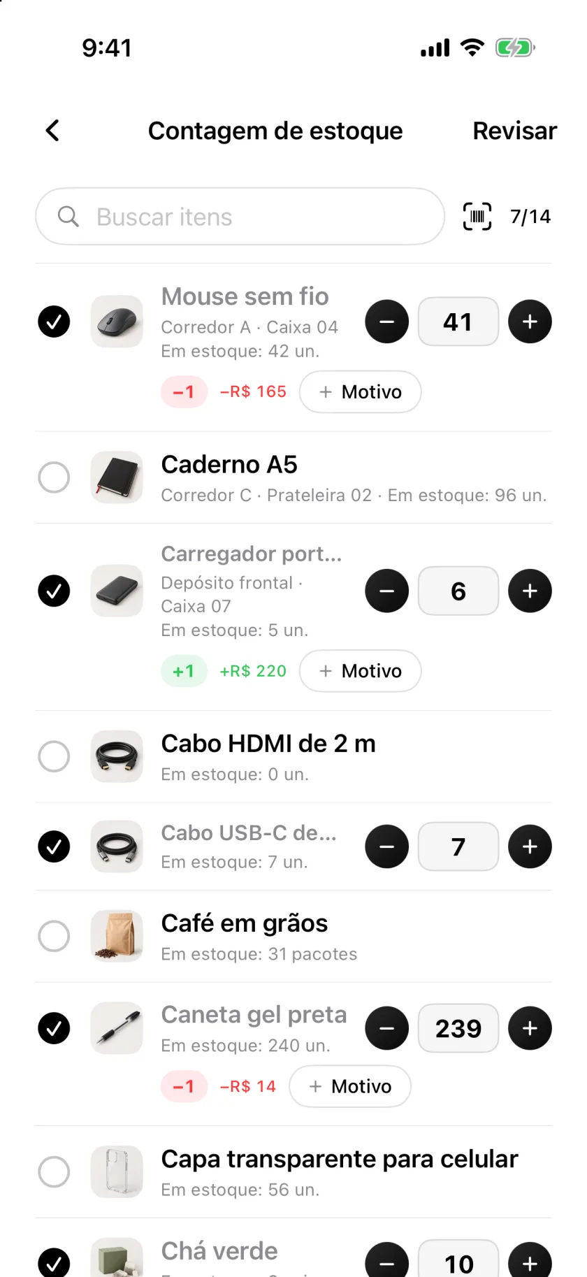 Um inventário no Invenva com as linhas contadas marcadas